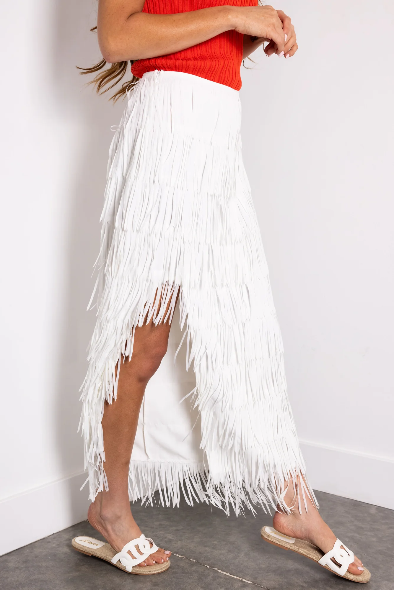 White Tiered Fringe Midi Skirt