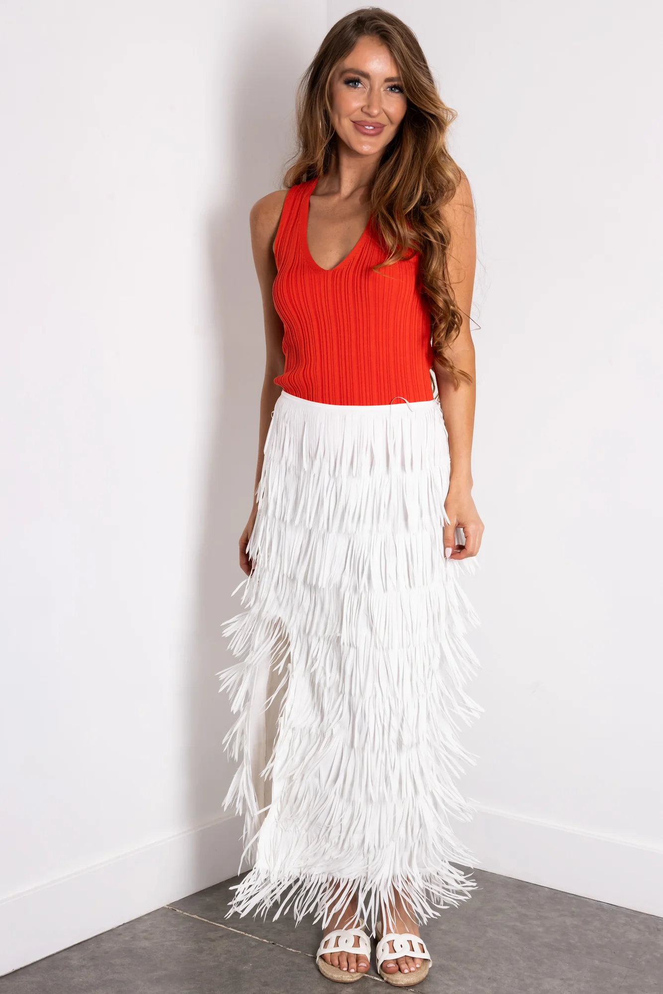 White Tiered Fringe Midi Skirt