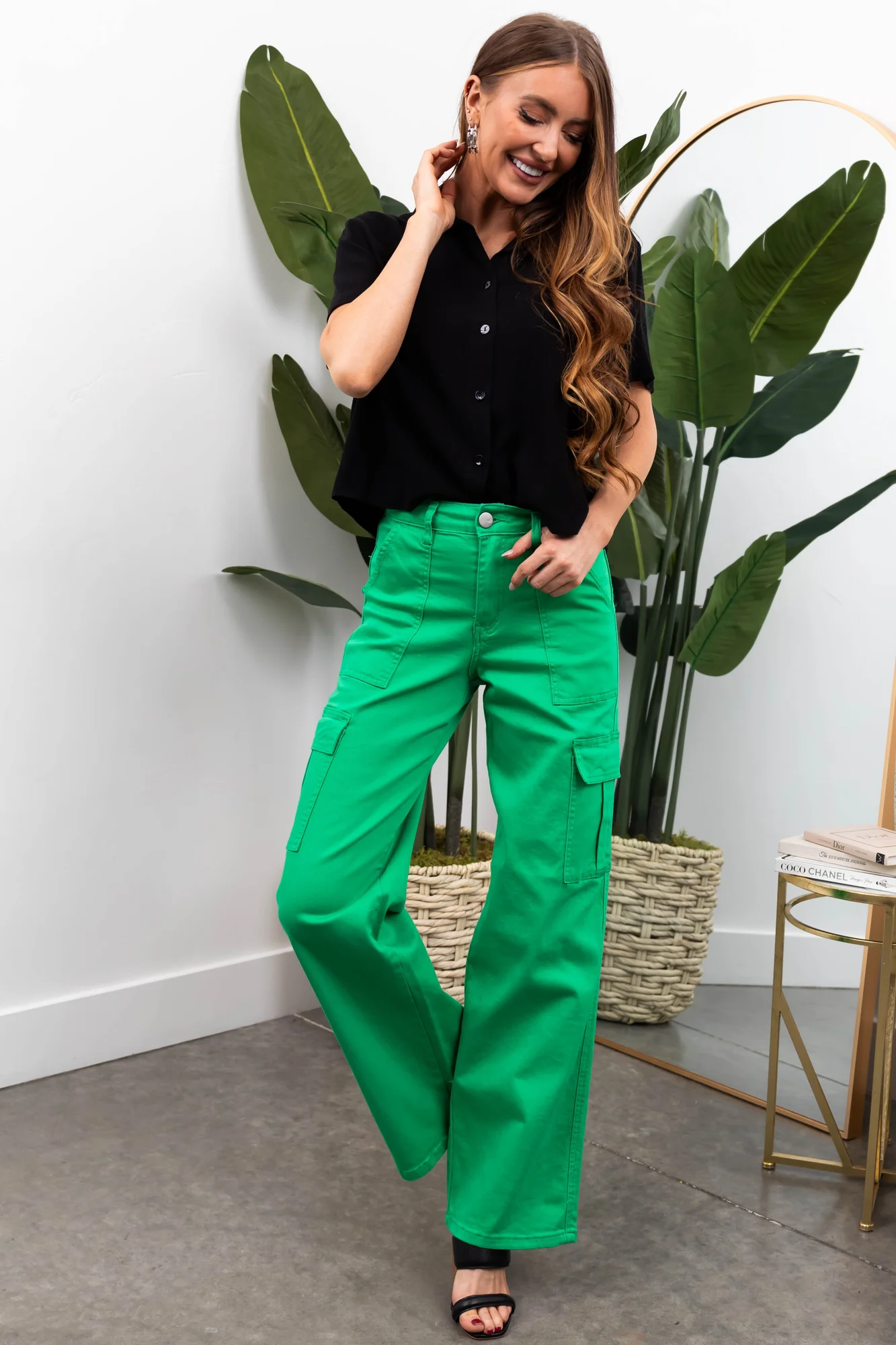 Green Cargo Jeans High Waisted Wide Leg Zipper Fly