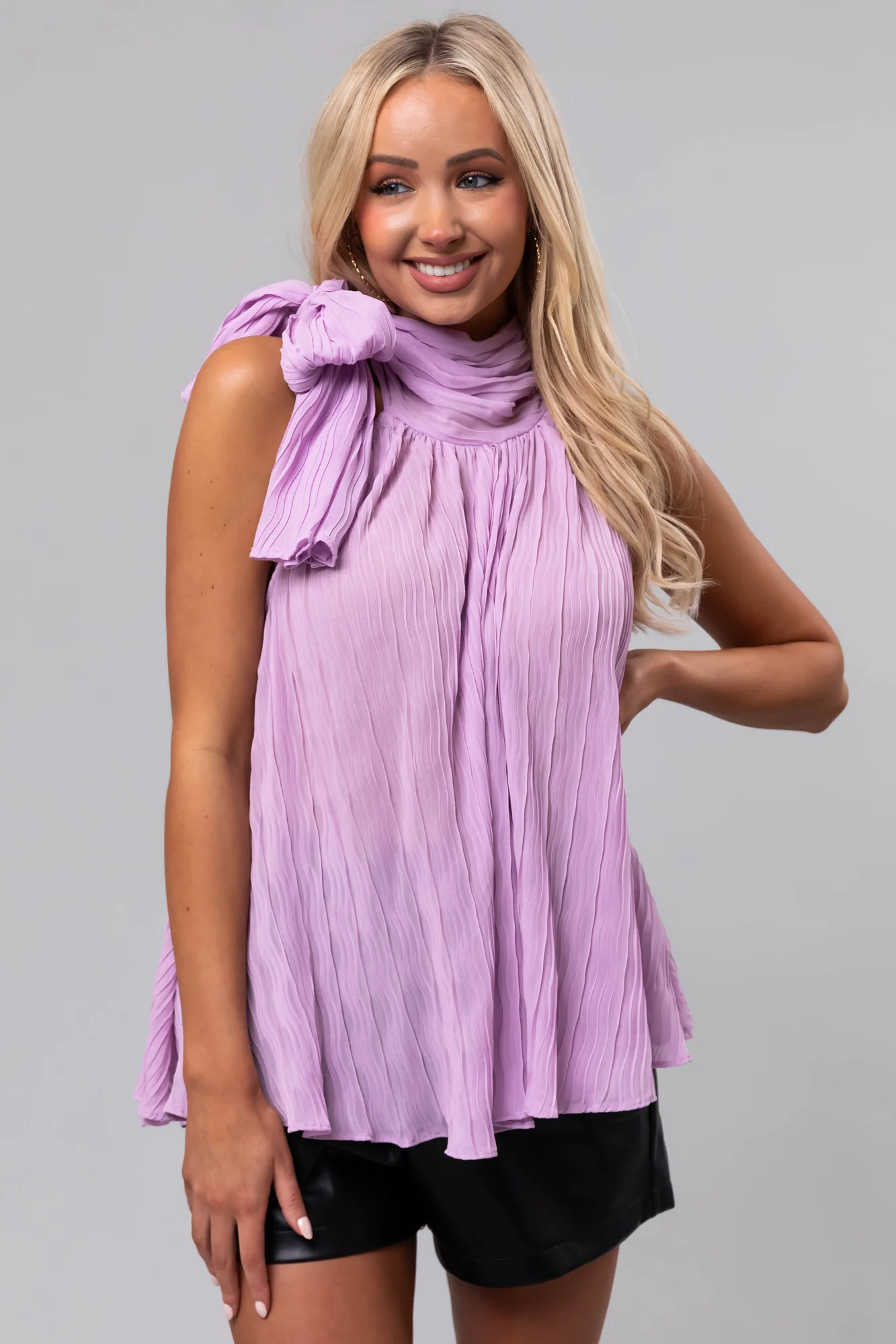 Pleated Lavender Sleeveless Blouse