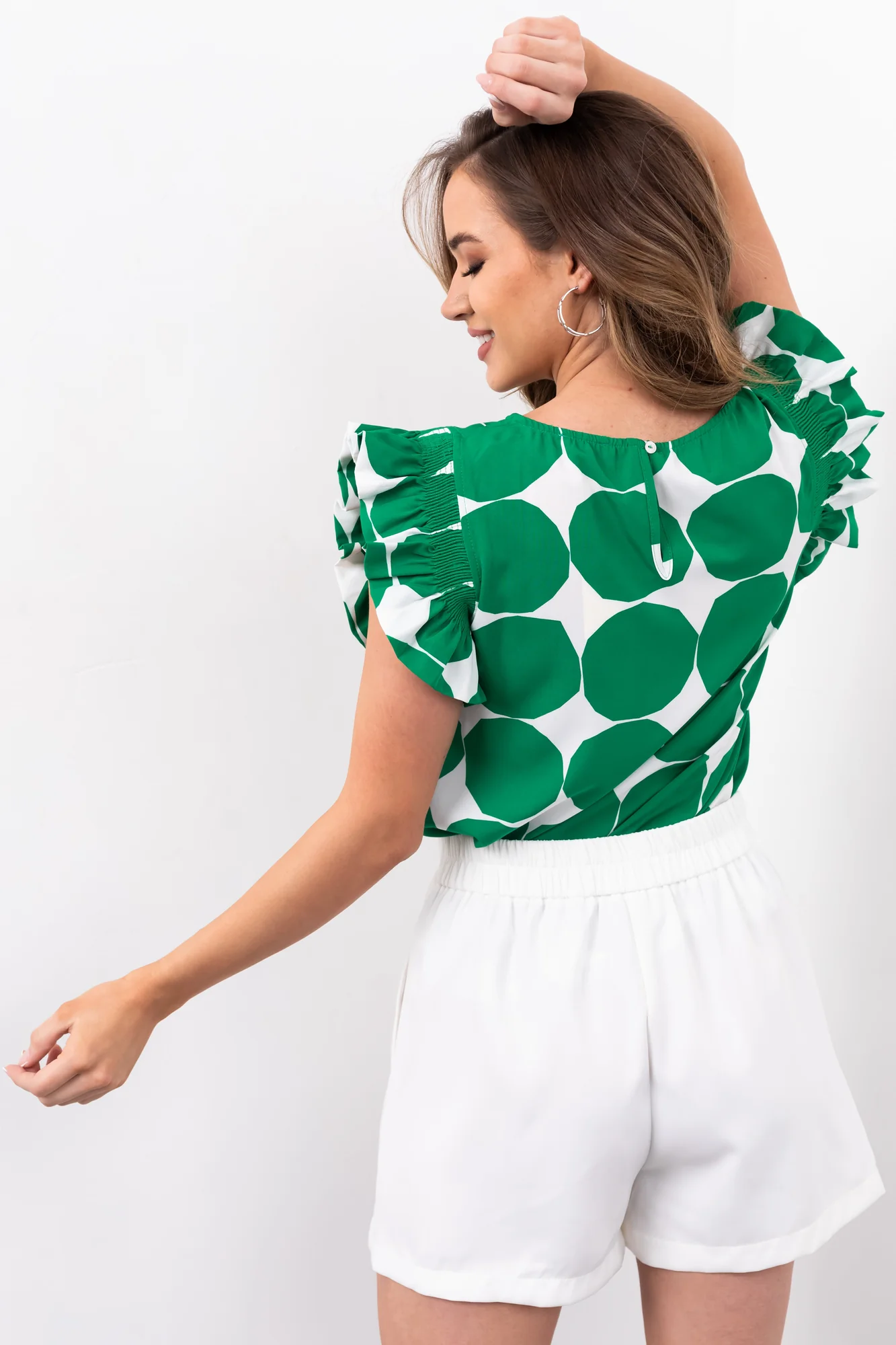 Ruffled Cap Sleeve Jade Polka Dot Blouse