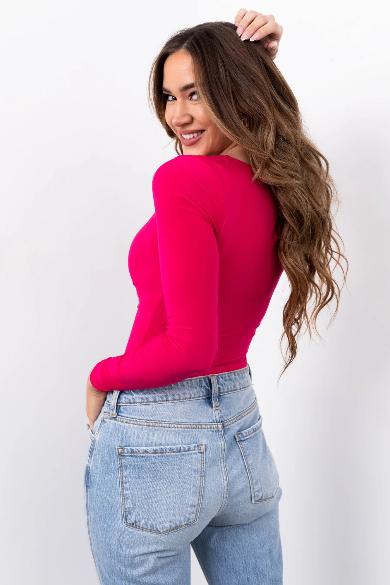 Sweetheart Neck Long Sleeve Pink Crop Top