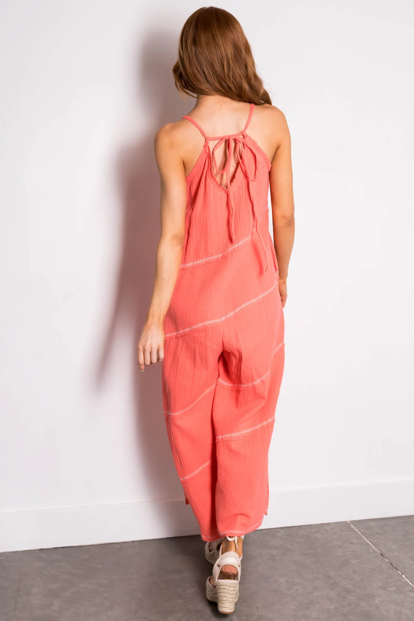 Cotton V-Neck Coral Jumpsuit with Seam Details