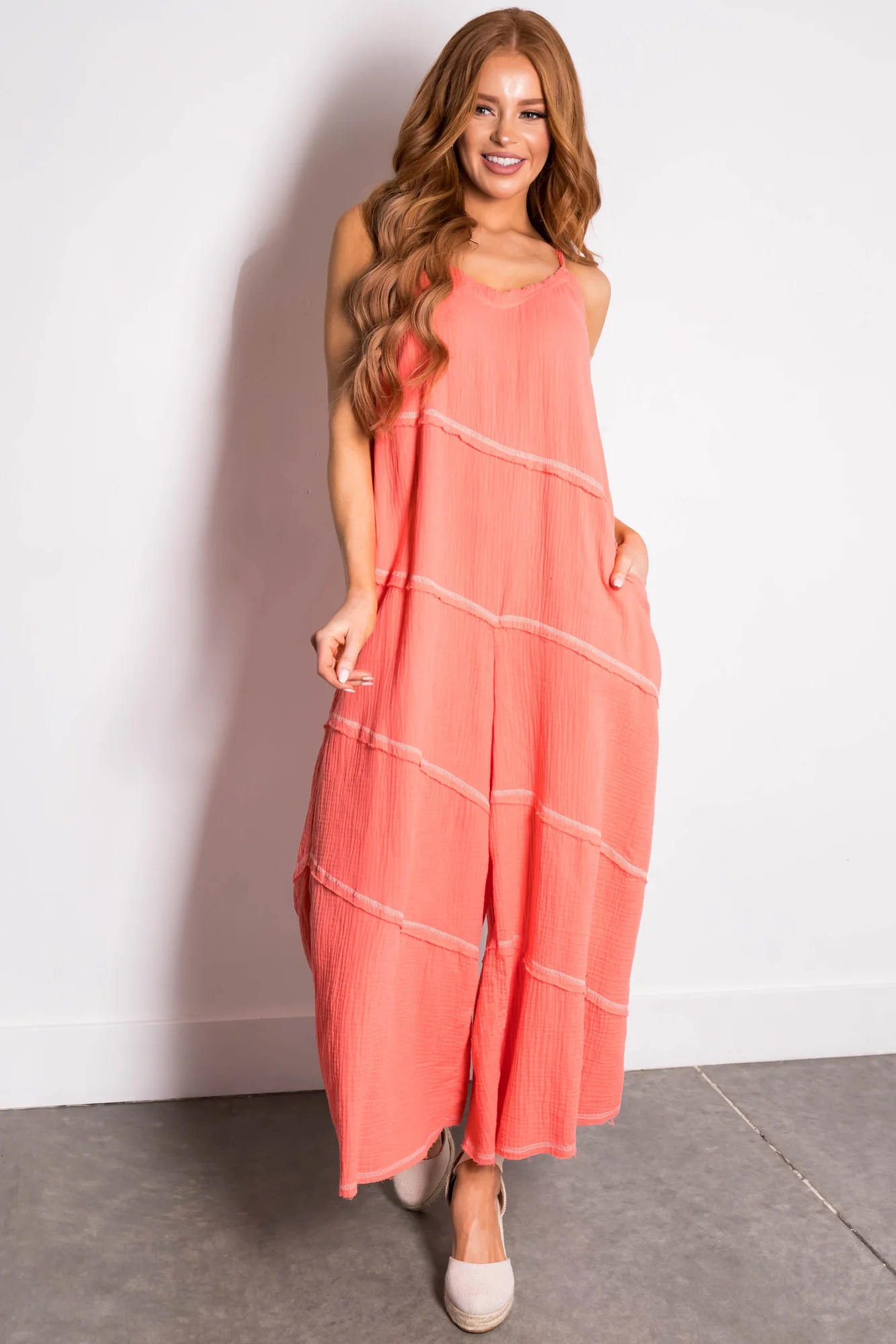 Cotton V-Neck Coral Jumpsuit with Seam Details