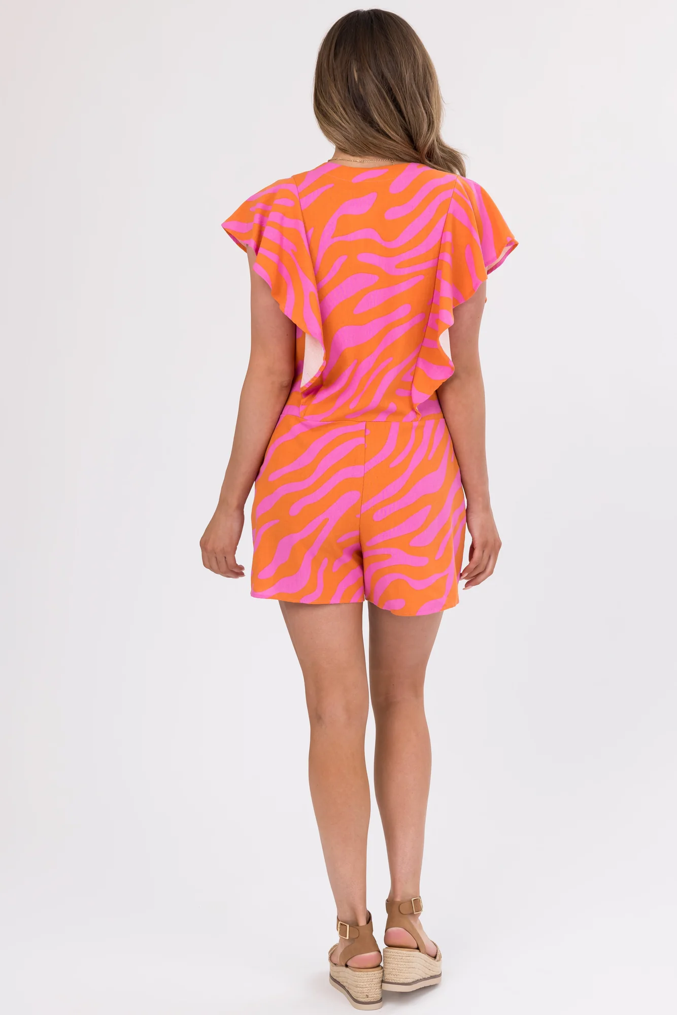 Orange Floral Print V-Neck Romper Dress