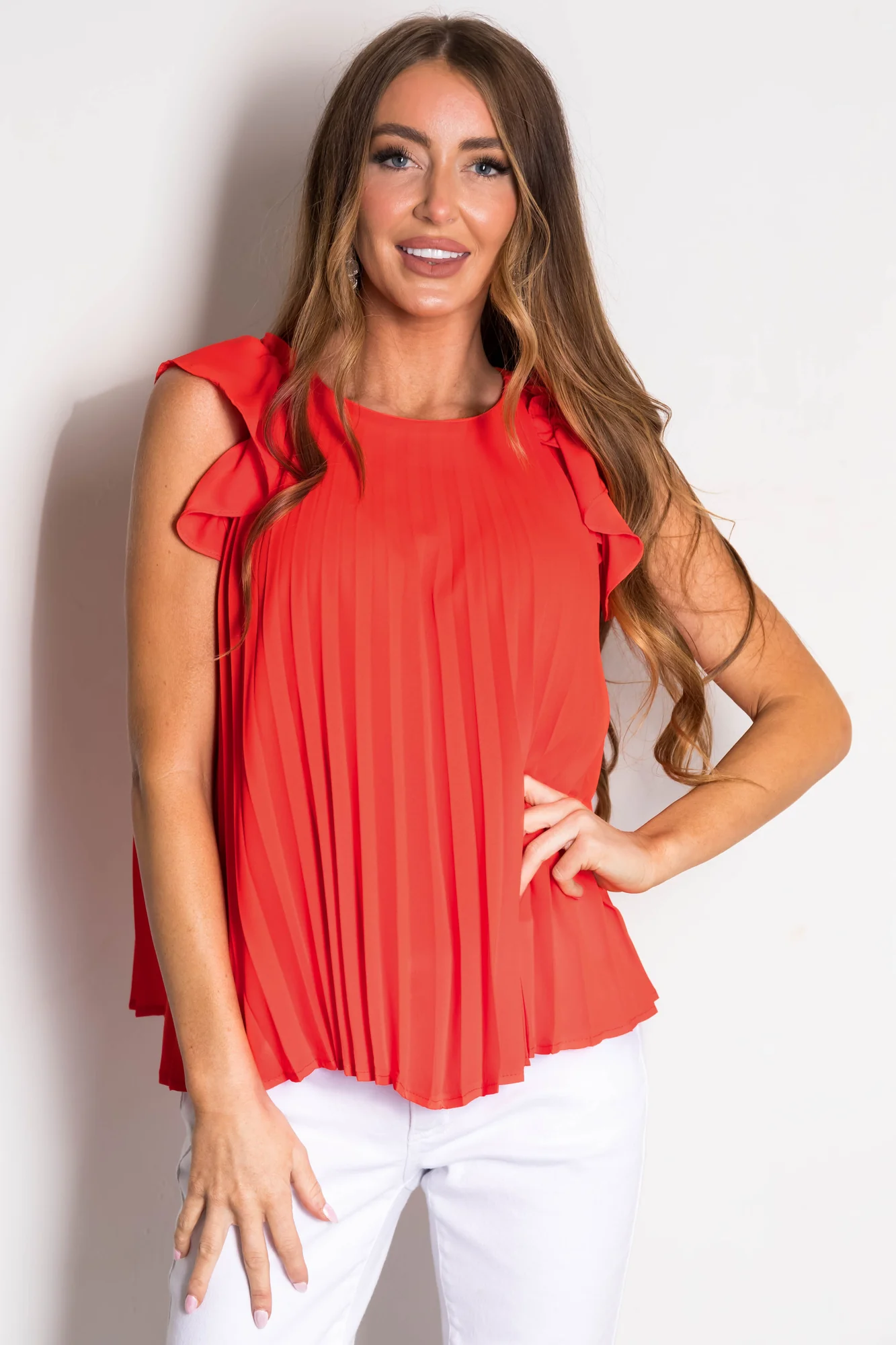 Red Pleated Ruffle Short Sleeve Top - Womens Fashion