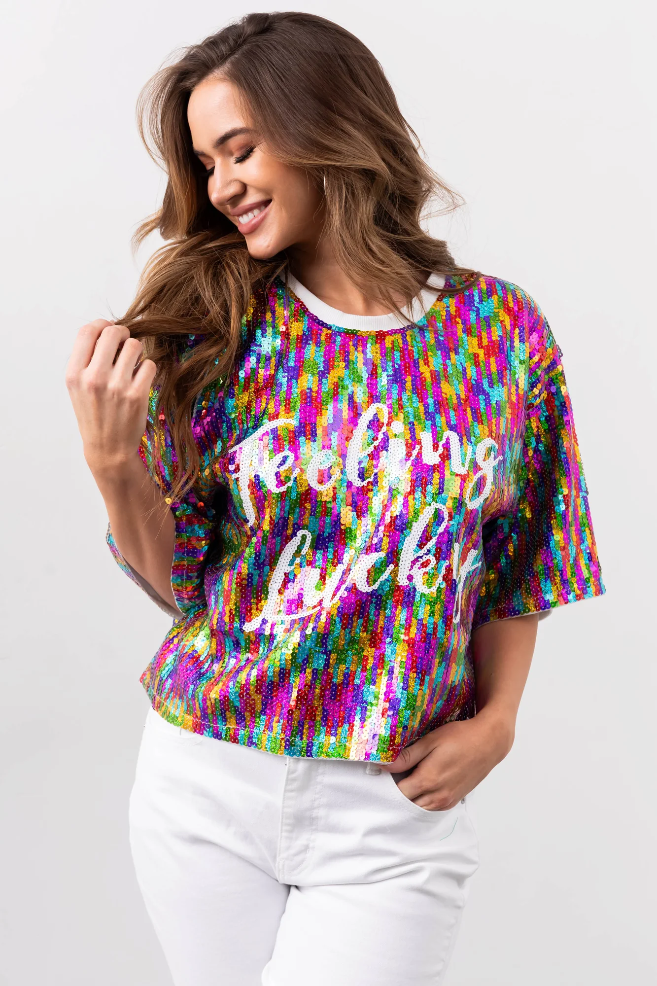 Sequined Satin Mesh Top in Multicolor Tones