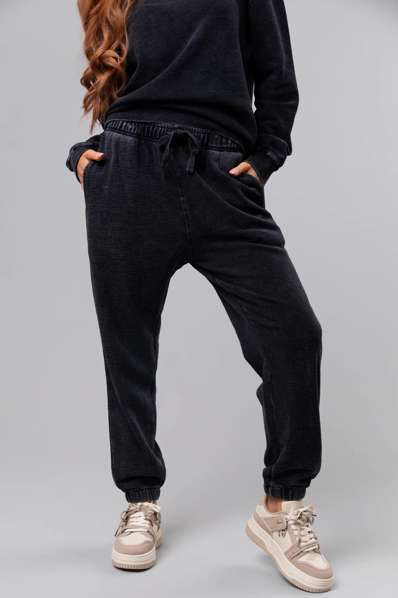 Black Textured Cotton Drawstring Joggers