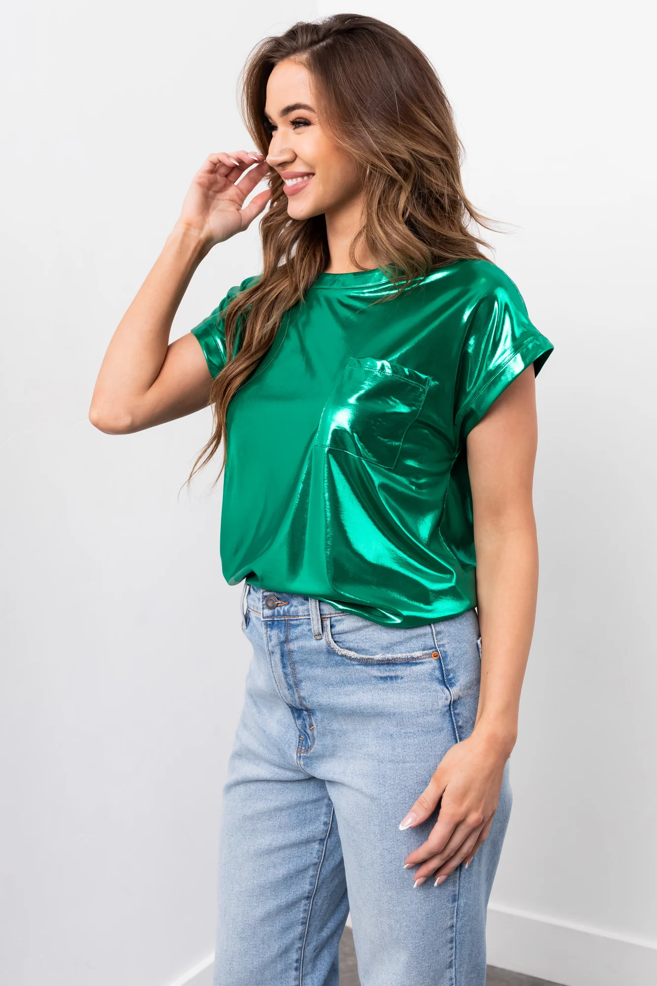 Green Chest Pocket Cap Sleeve Top