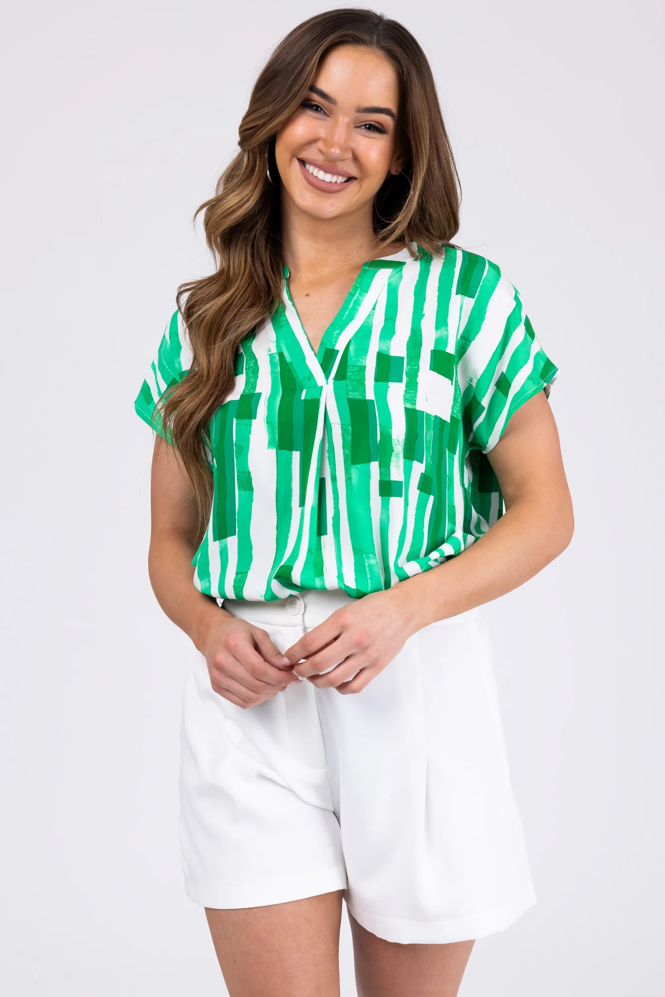 Kelly Green Abstract Print V-Neck Top