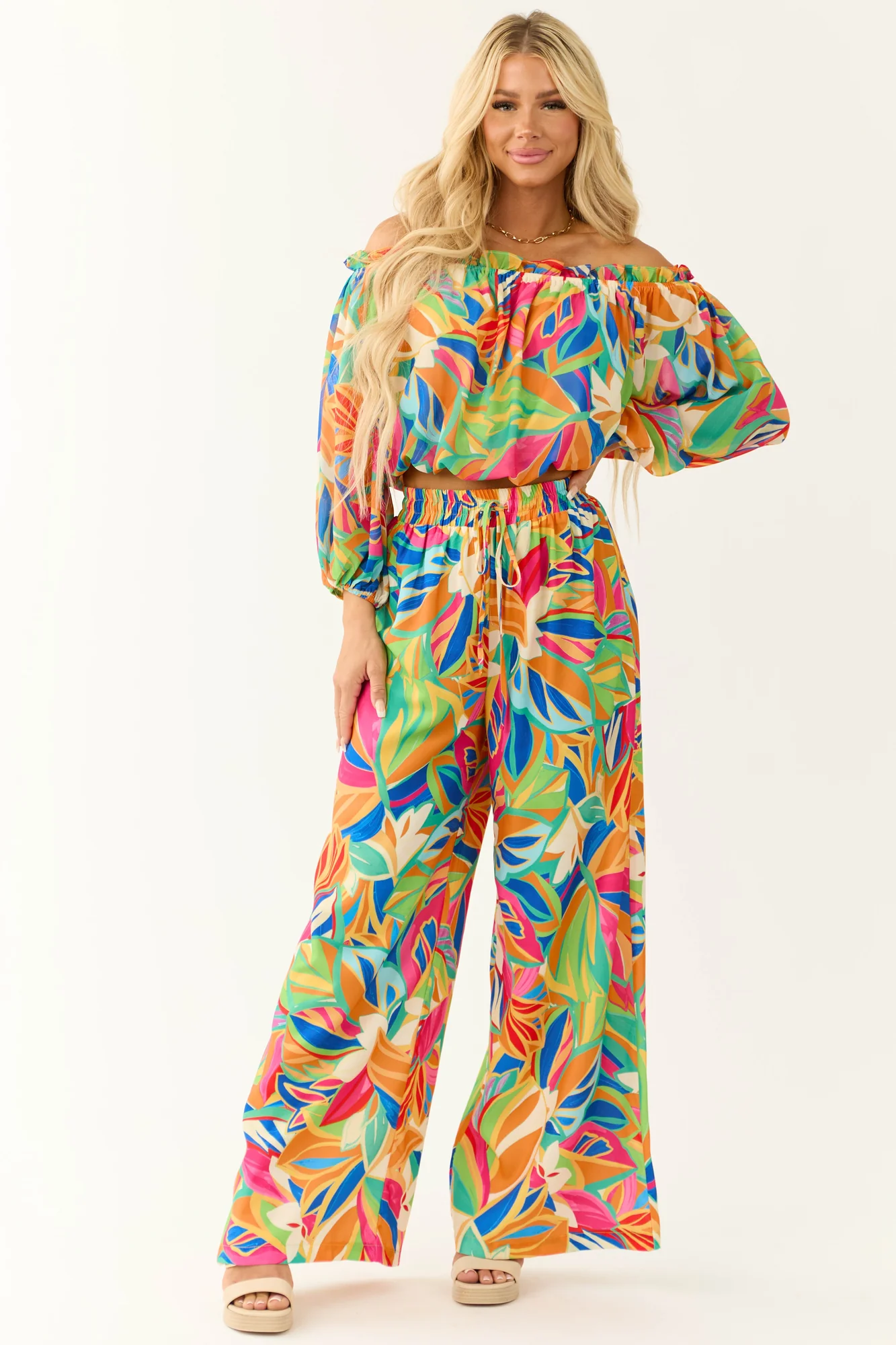 Tangerine Abstract Print High Waisted Flare Pants