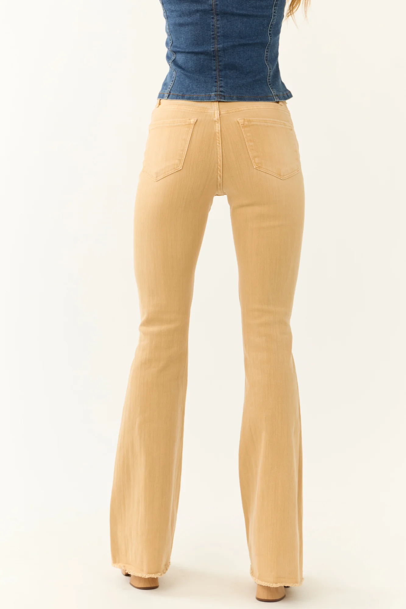 Mustard Distressed Flare Jeans High Rise Raw Hem 5 Pockets