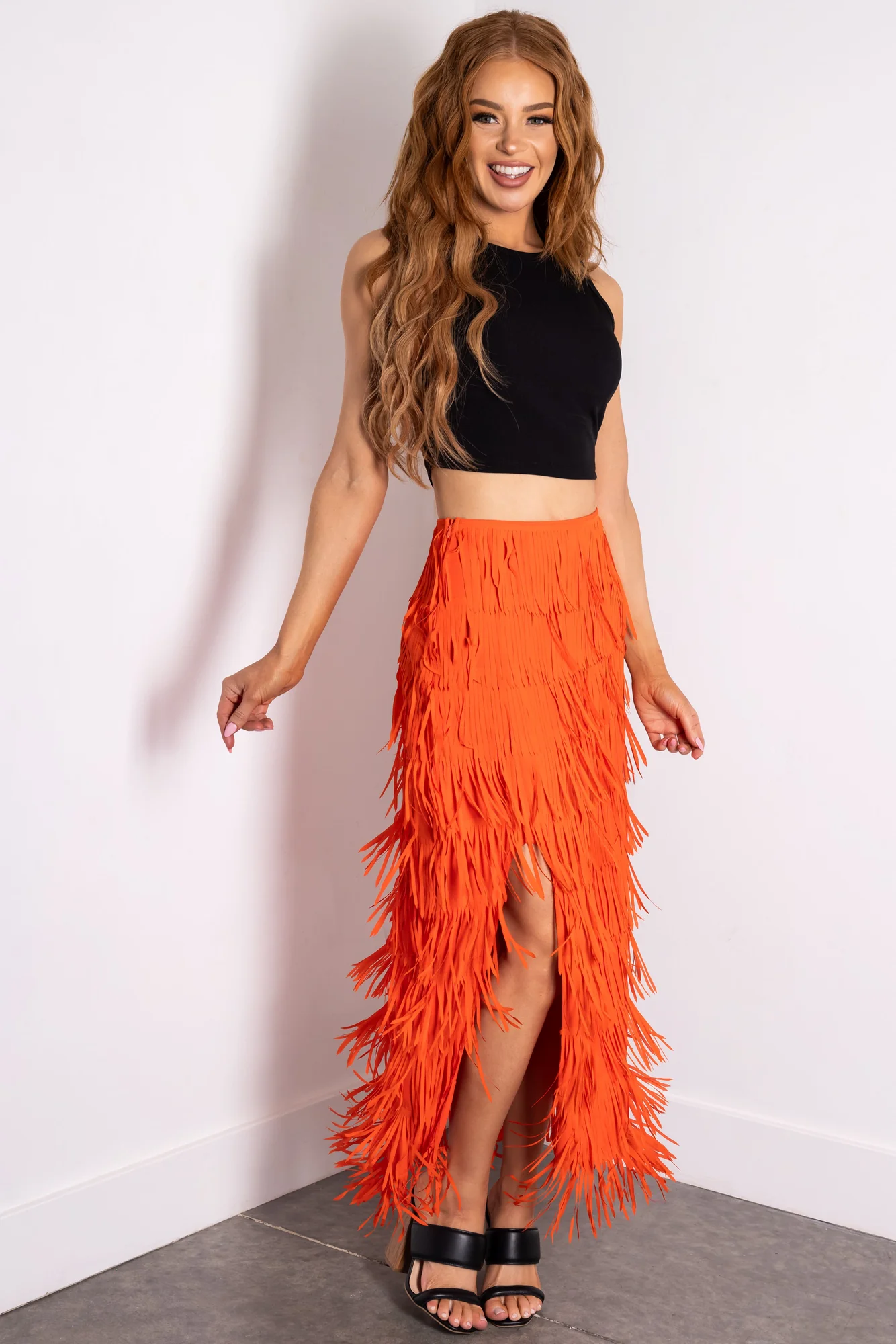 Orange Fringe Midi Skirt with Side Slit Detail