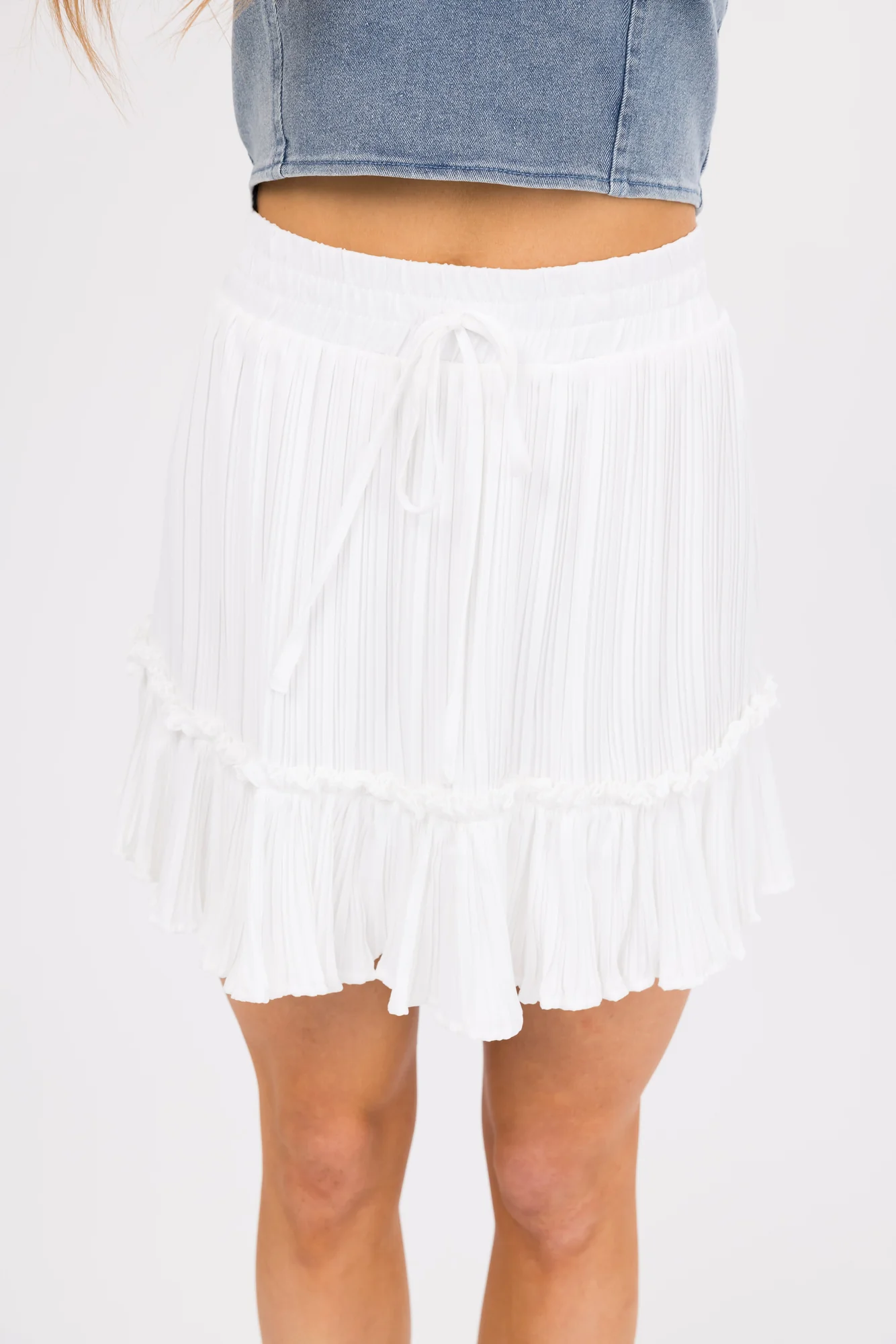 Off White Satin Pleated Ruffle Skirt