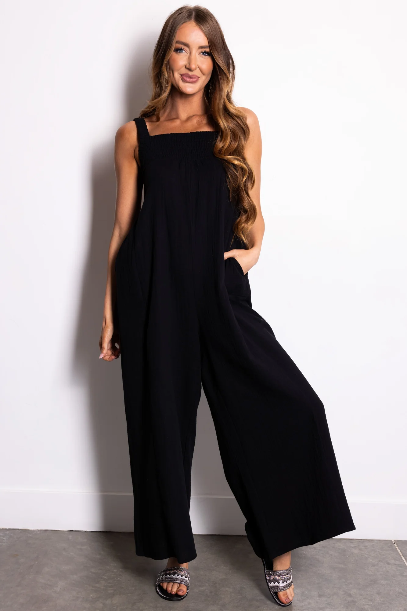 Black Smocked Cotton Wide Leg Jumpsuit