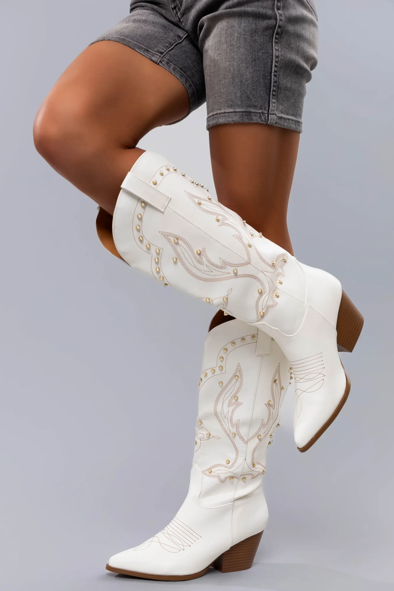 Ivory Embroidered Heeled Boots w/ Pearl Detail
