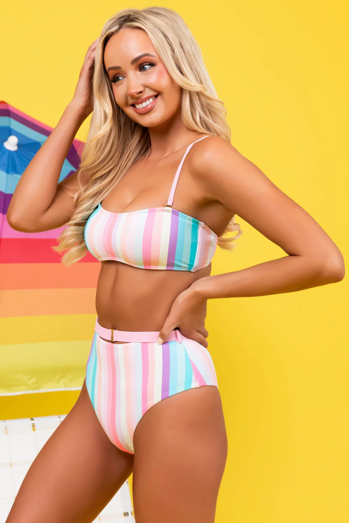 Striped Blush Pastel High Waist Bikini Set