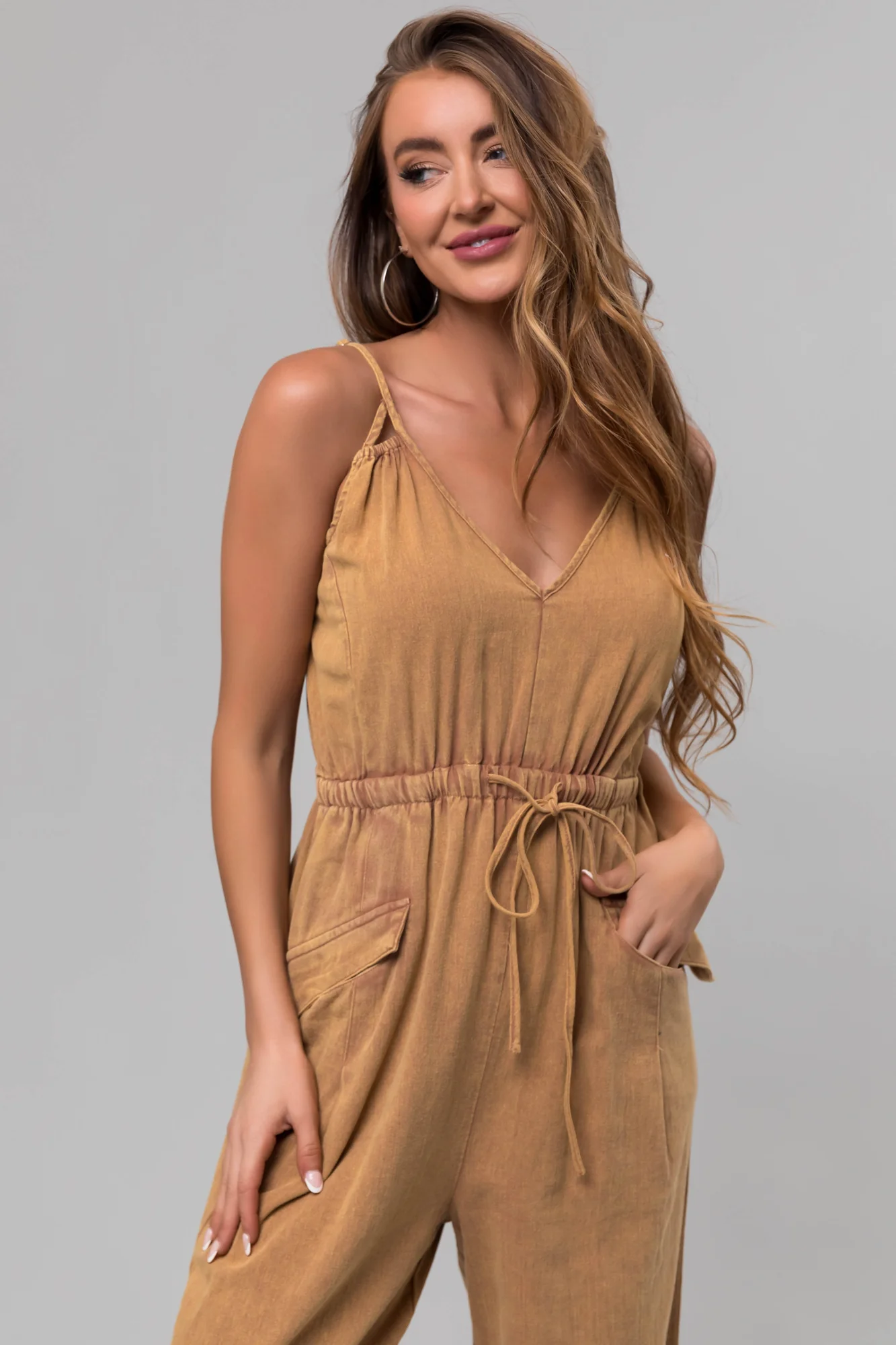 Brown Sleeveless Cinched Waist Jumpsuit