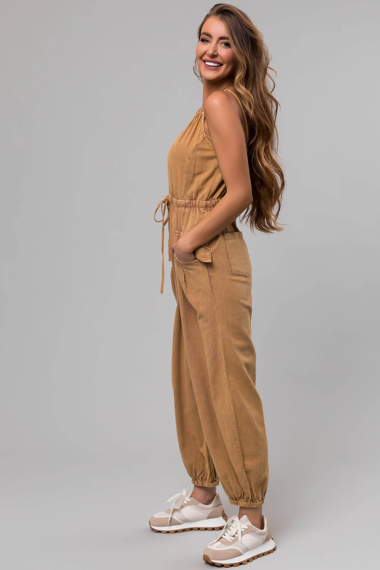 Brown Sleeveless Cinched Waist Jumpsuit