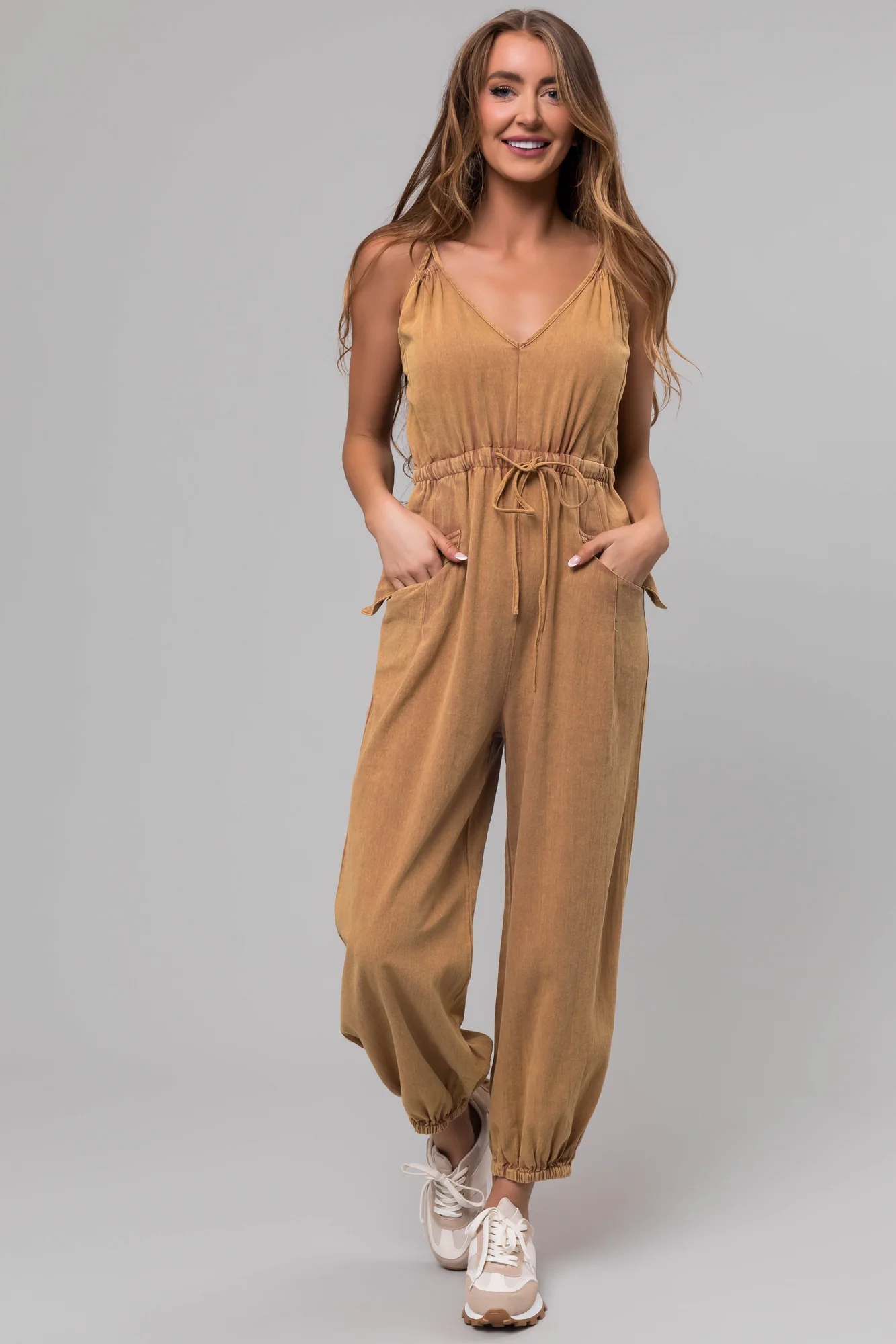 Brown Sleeveless Cinched Waist Jumpsuit
