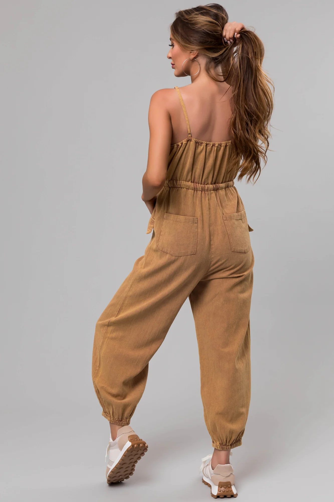 Brown Sleeveless Cinched Waist Jumpsuit
