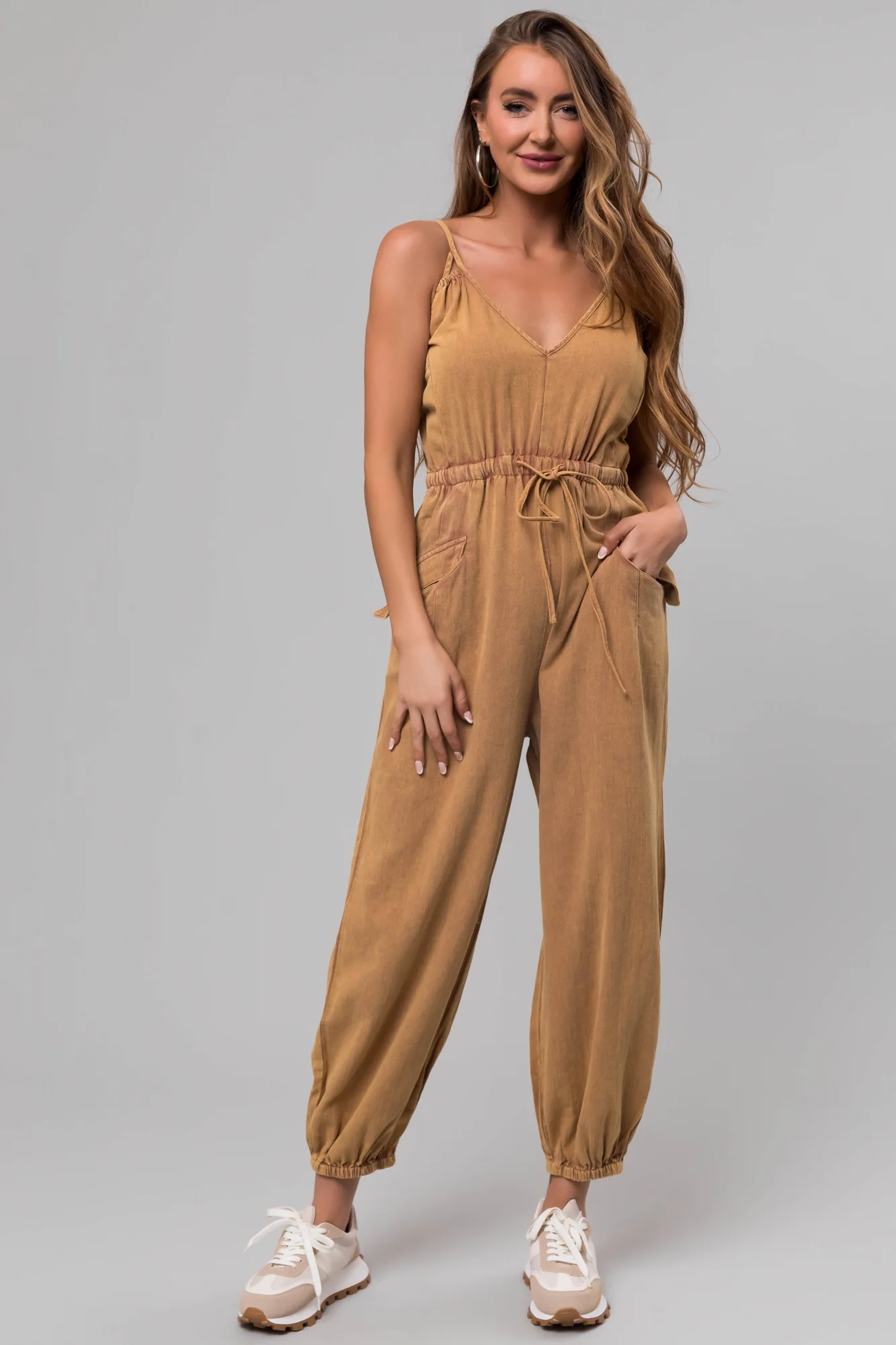 Brown Sleeveless Cinched Waist Jumpsuit