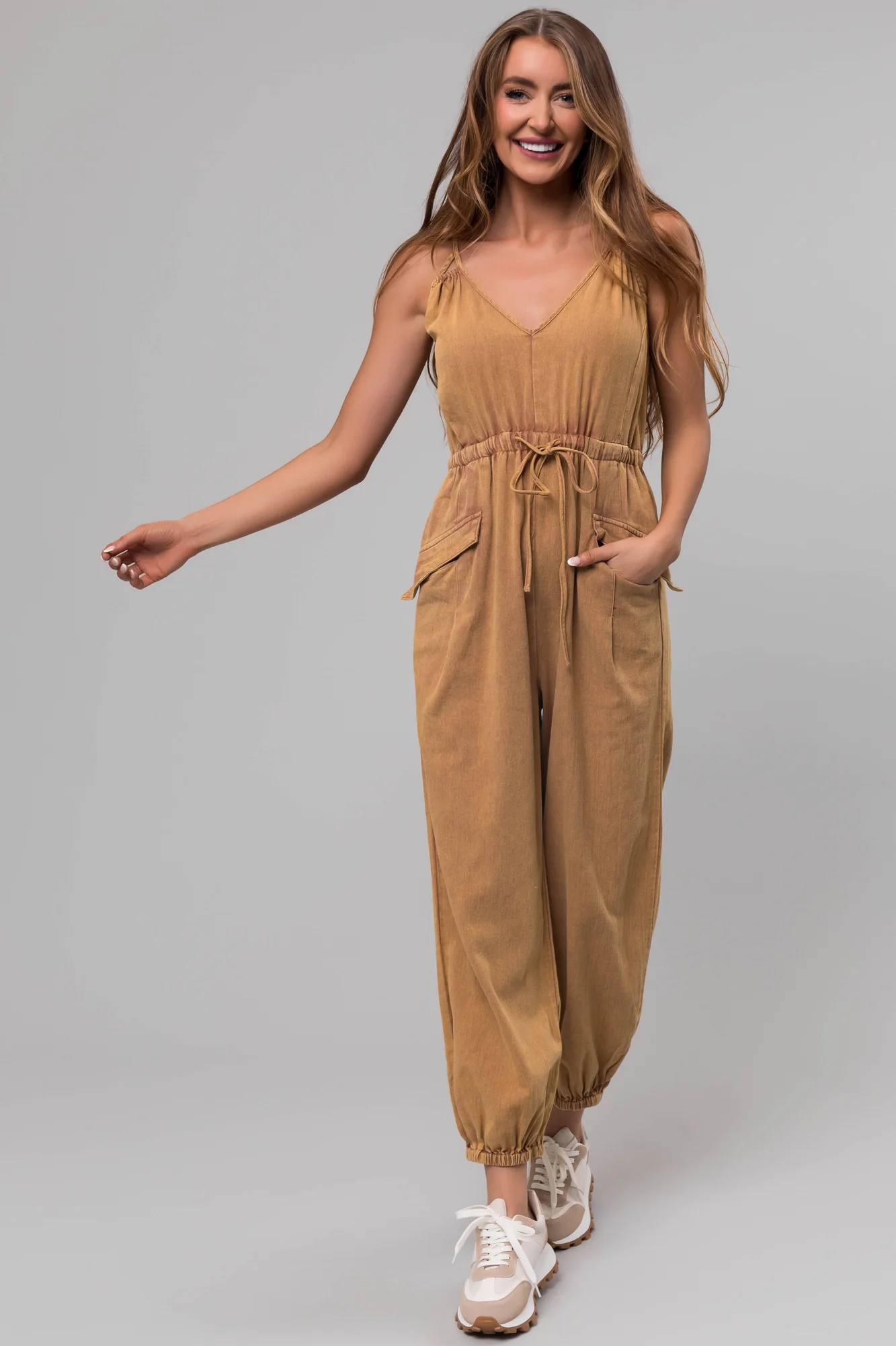 Brown Sleeveless Cinched Waist Jumpsuit