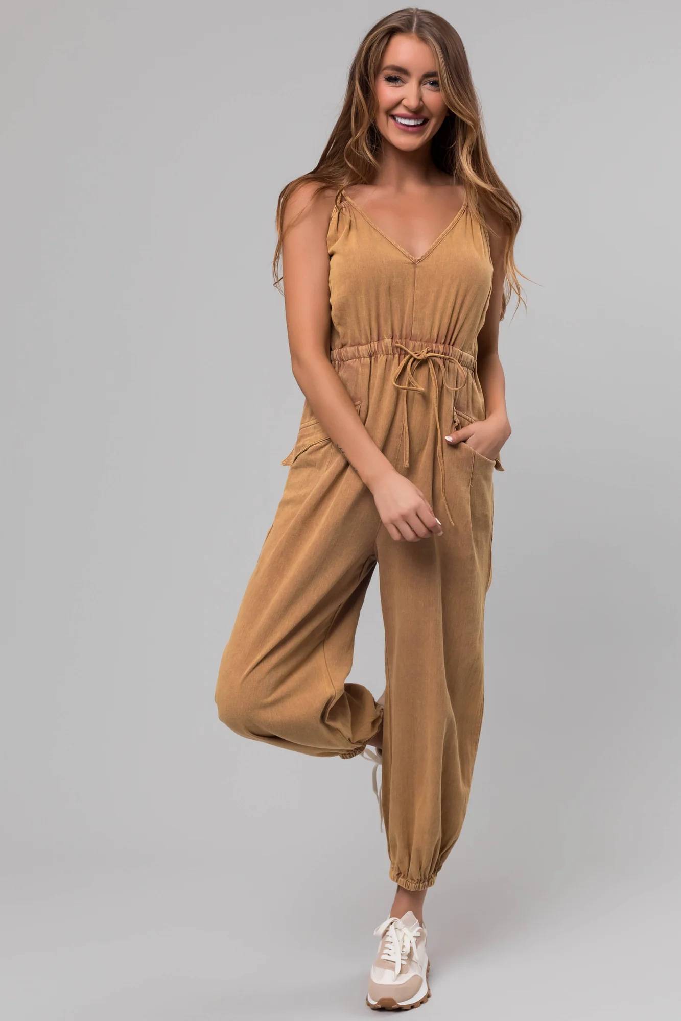 Brown Sleeveless Cinched Waist Jumpsuit