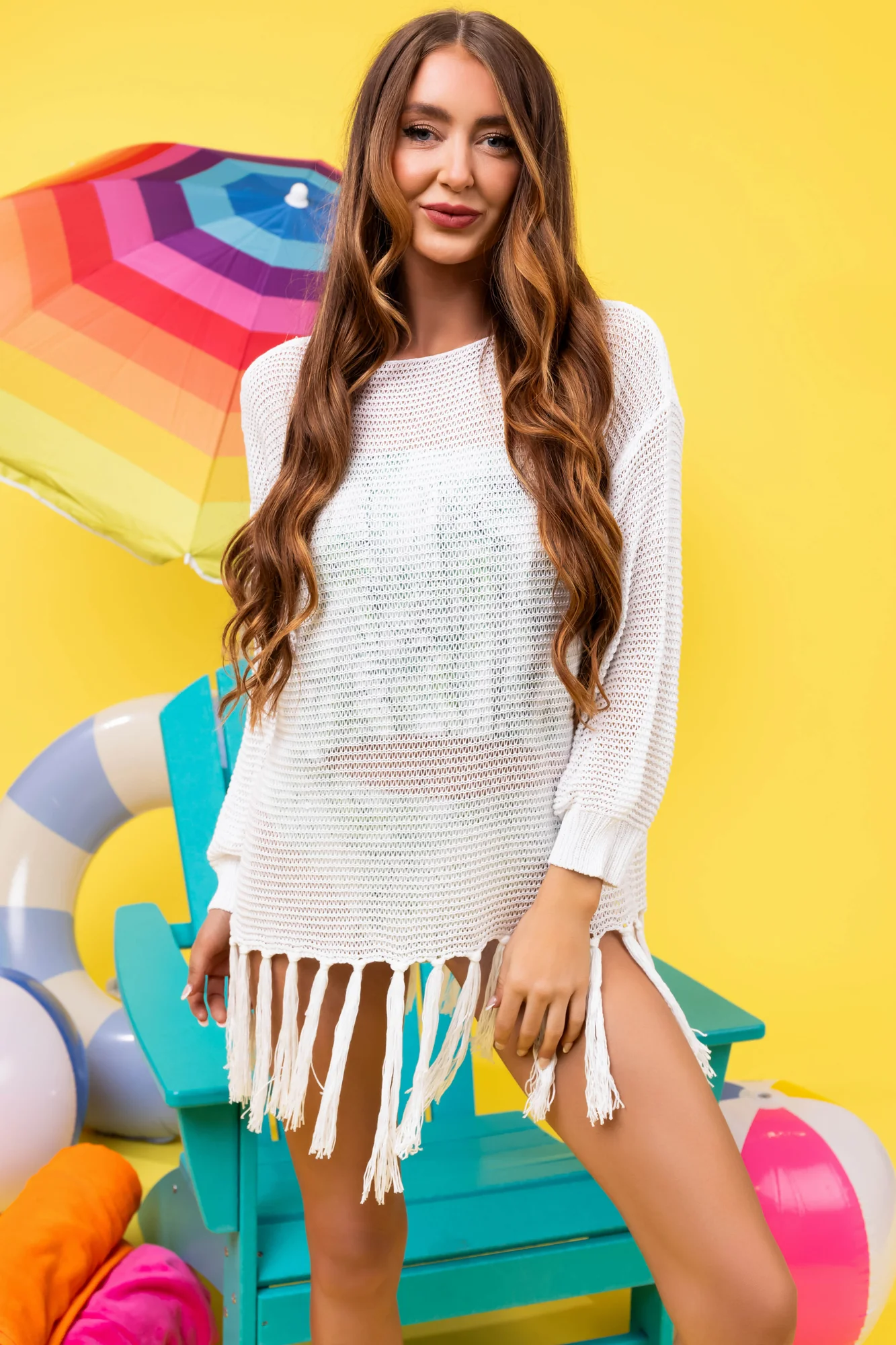 Ivory Crochet Fringe Beach Cover-Up Long Sleeve Womens Top