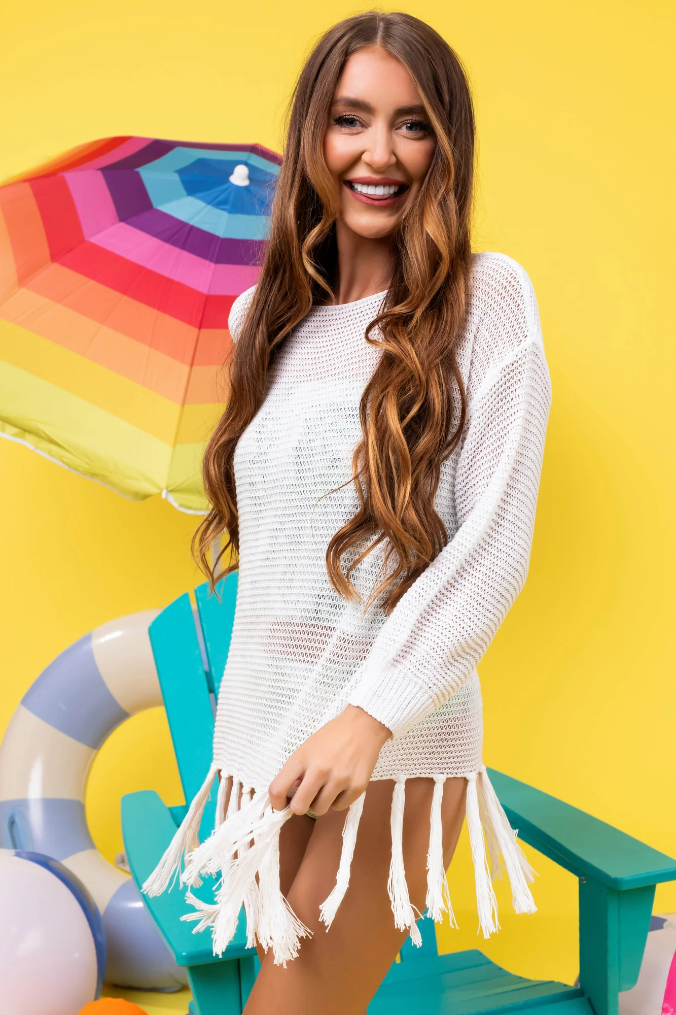 Ivory Crochet Fringe Beach Cover-Up Long Sleeve Womens Top