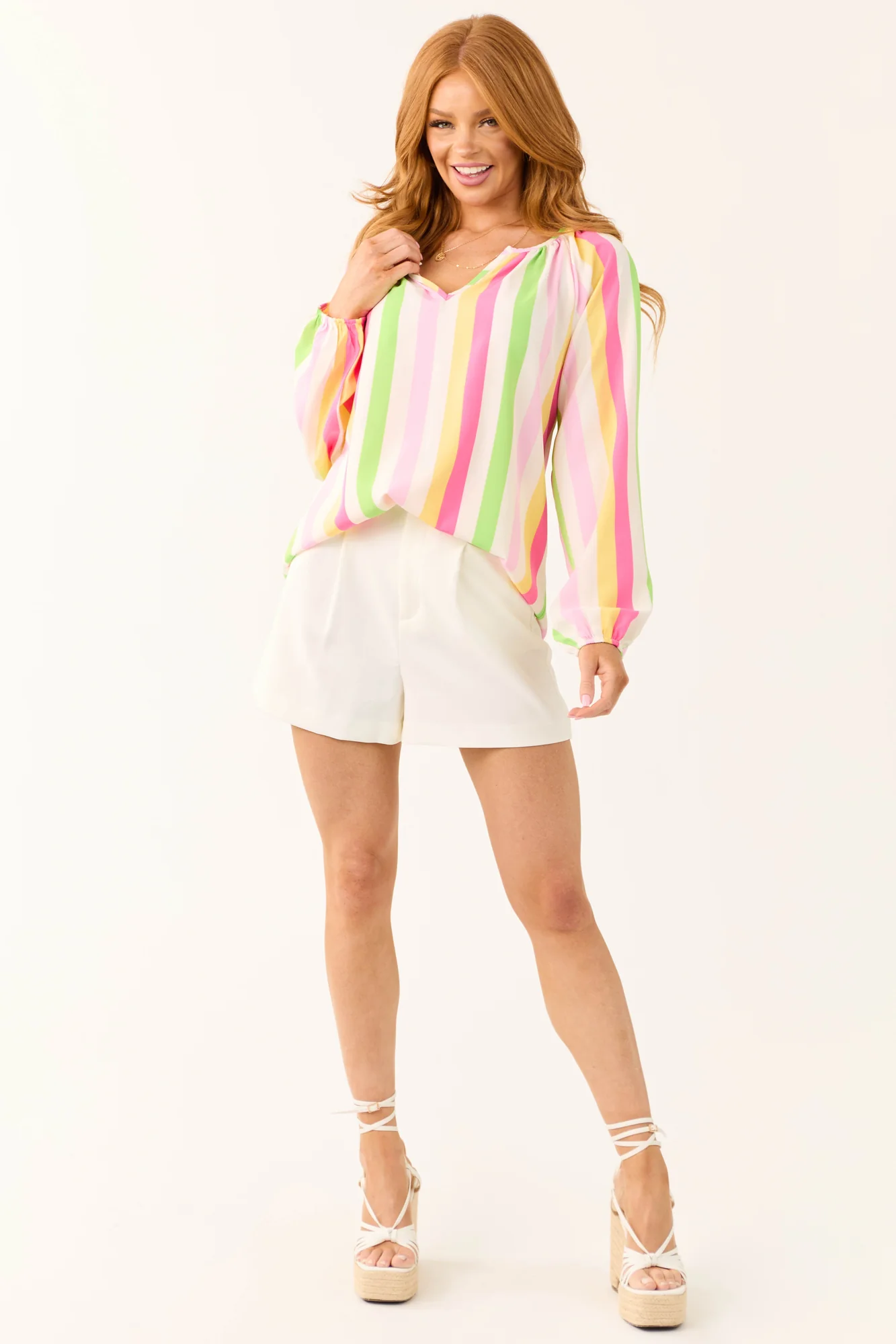 Multicolor Striped Casual V-Neck Top