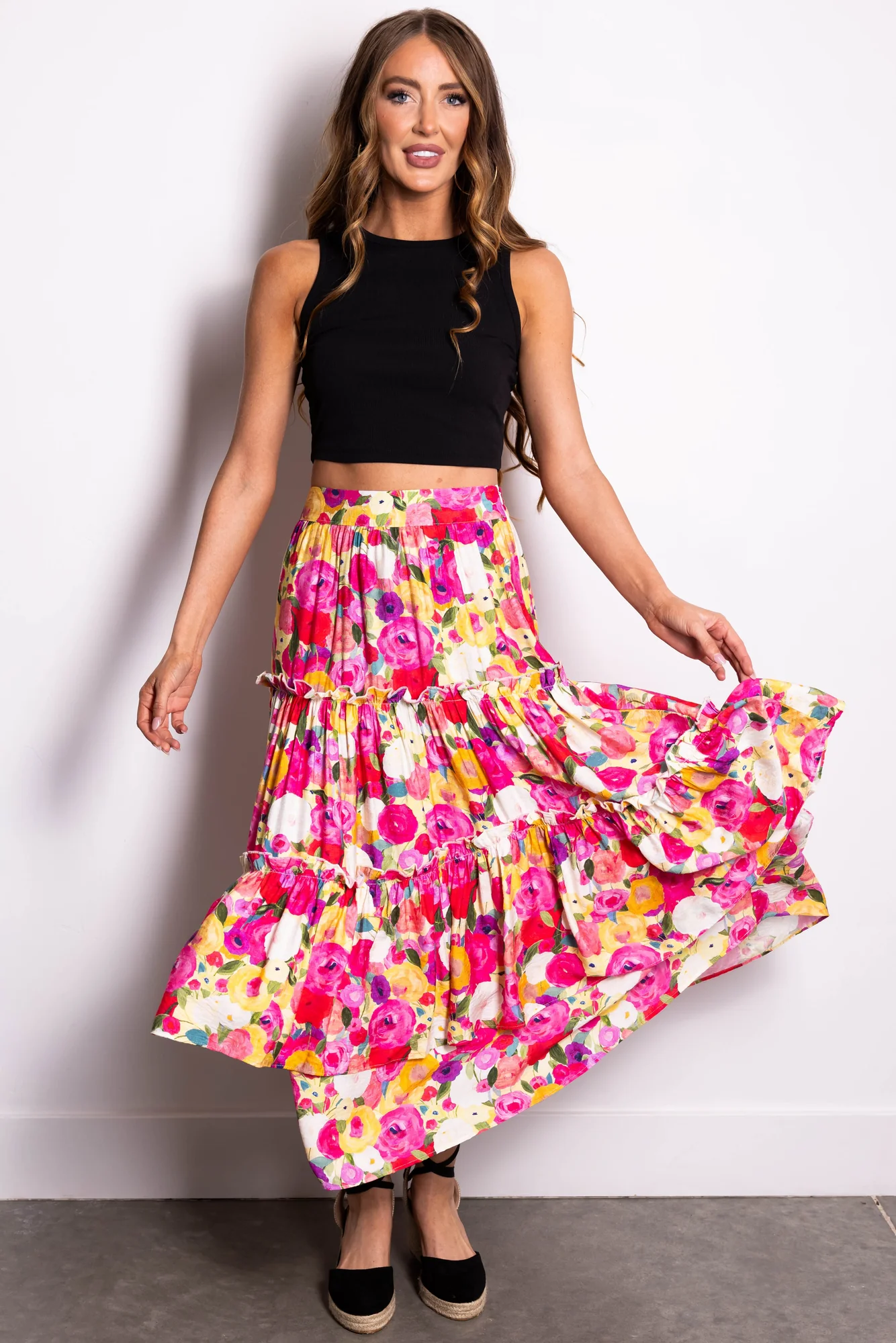 Floral Print Tiered Maxi Skirt in Raspberry Color