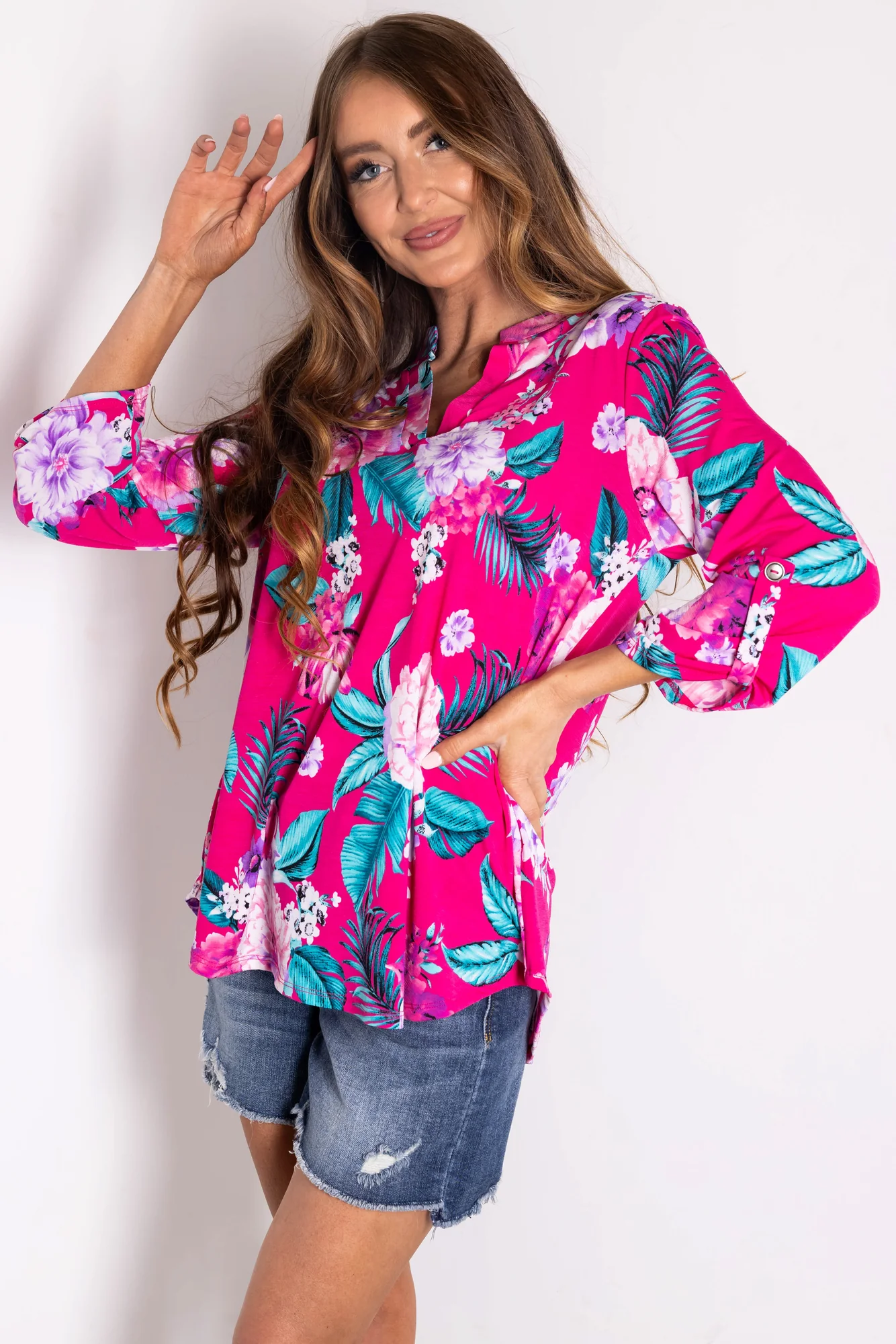 Floral Print V-Neck Long Sleeve Top - Magenta Iris Black Pink Turquoise