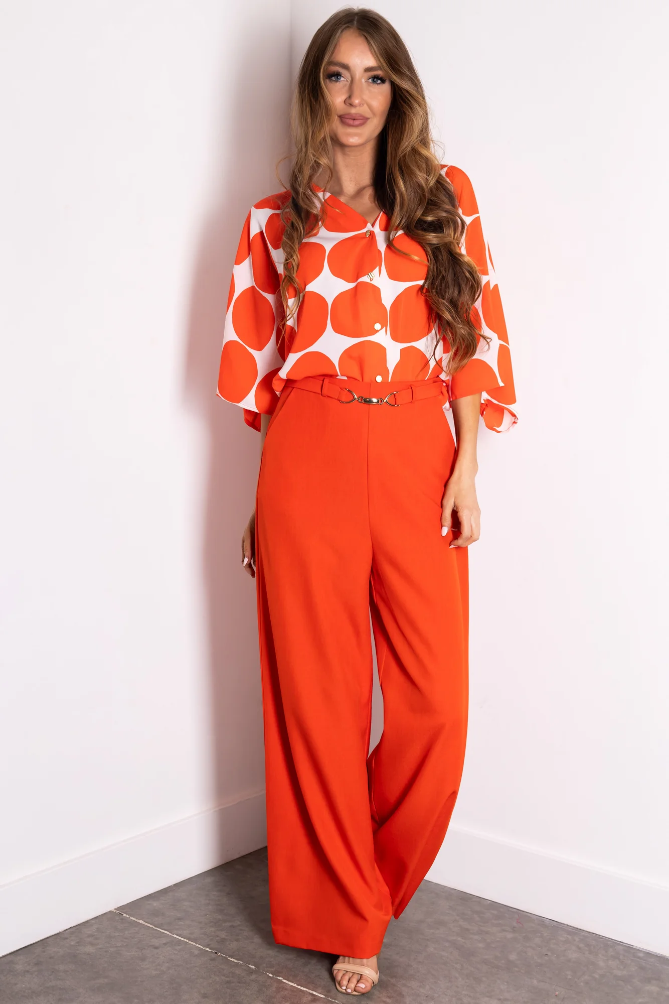 Red Wide Leg High Waisted Pants with Gold Hardware Belt