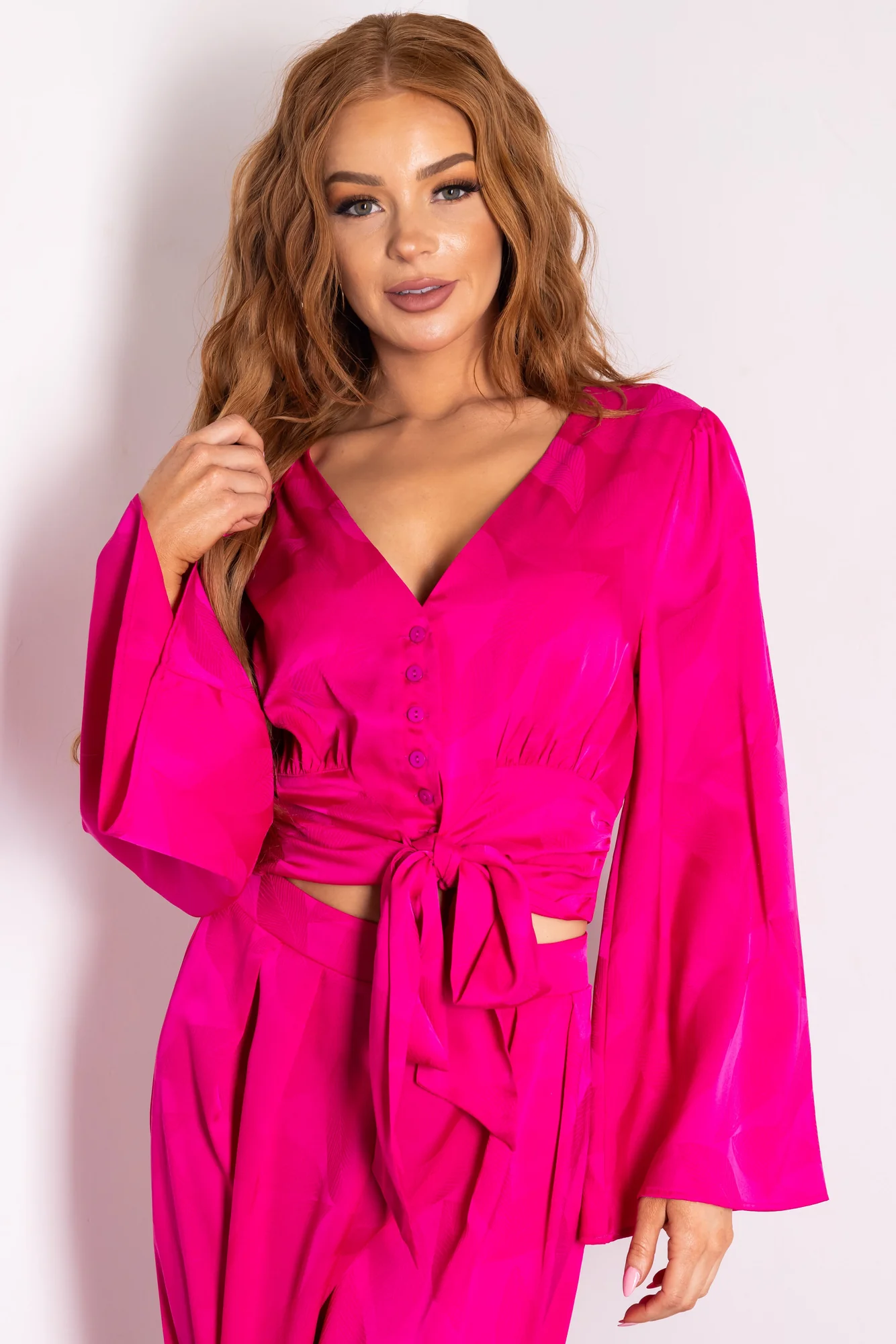 Magenta Leaf Texture Bell Sleeve Top - Textured Satin V Neckline