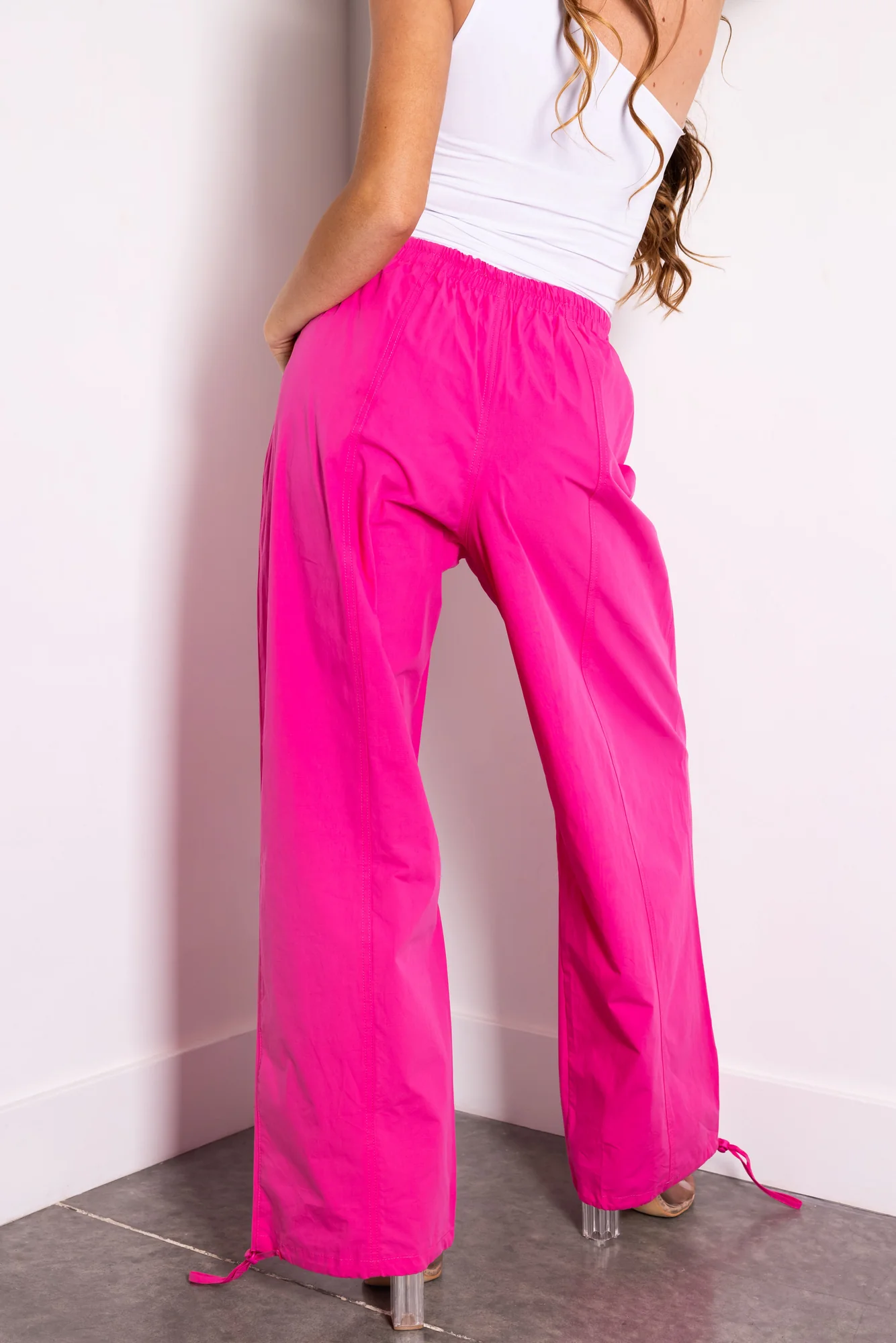 Pink Drawstring Waist Windbreaker Pants