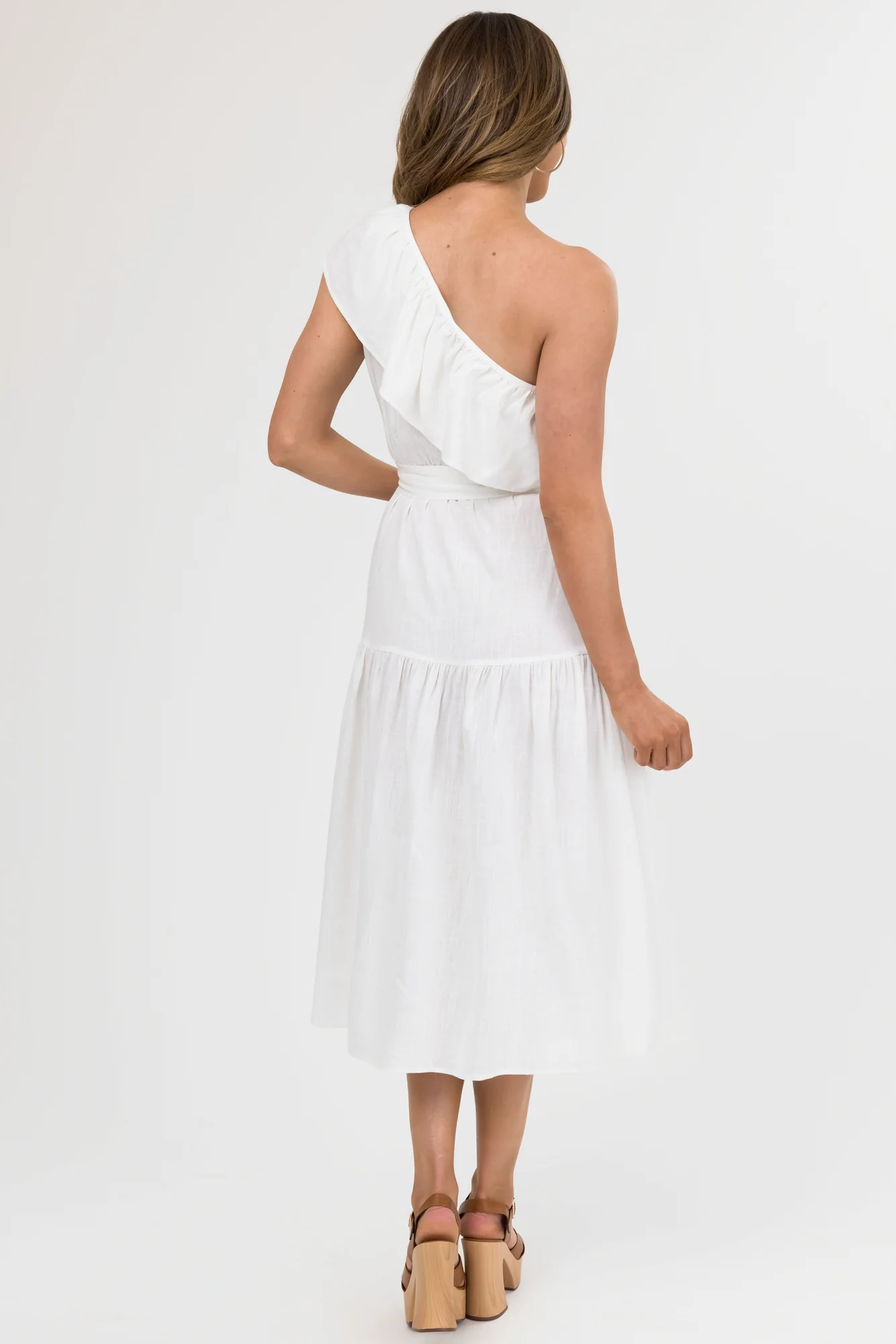 Ivory One Shoulder Ruffle Midi Dress