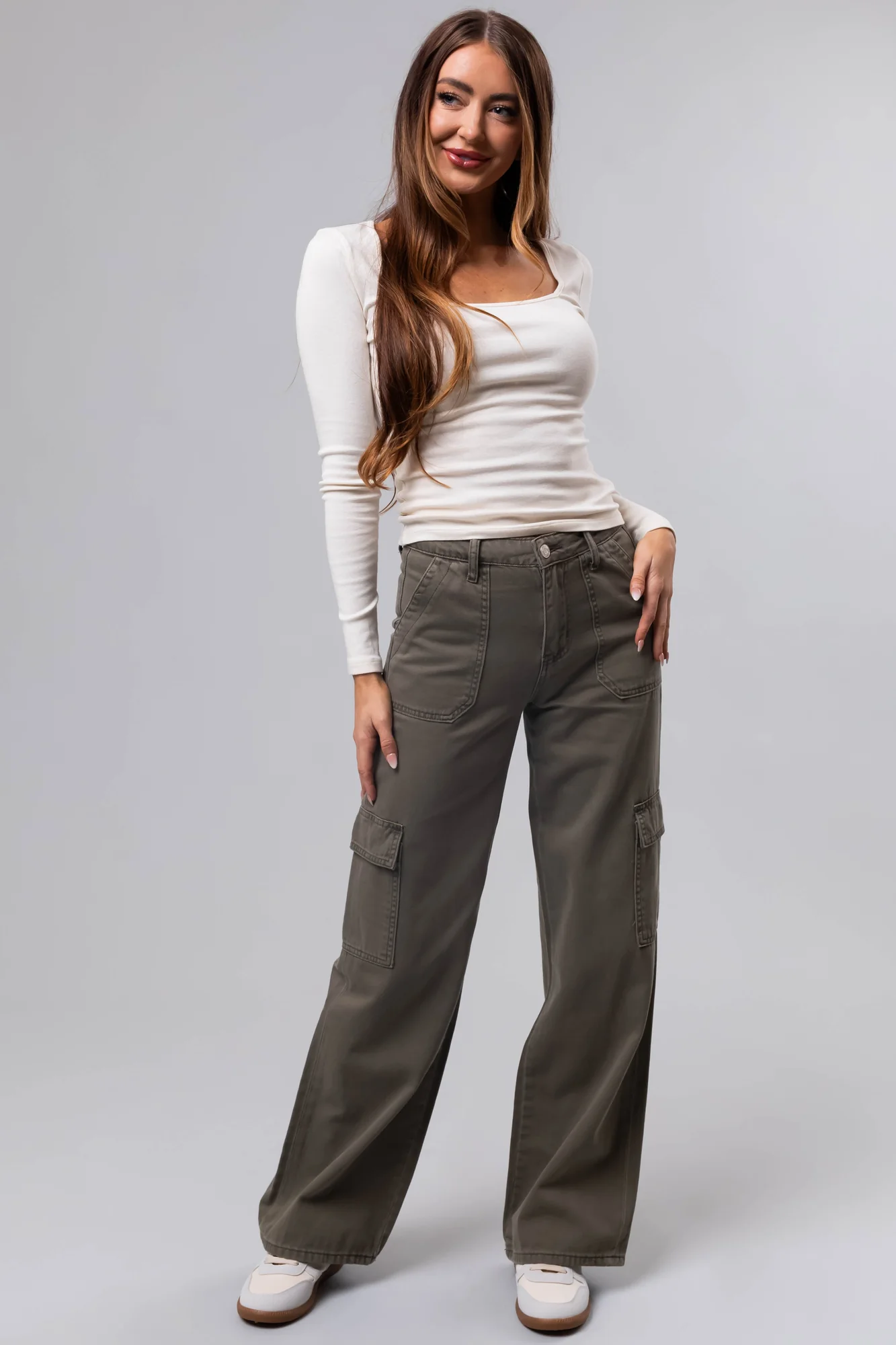Green High Rise Cargo Wide Leg Jeans