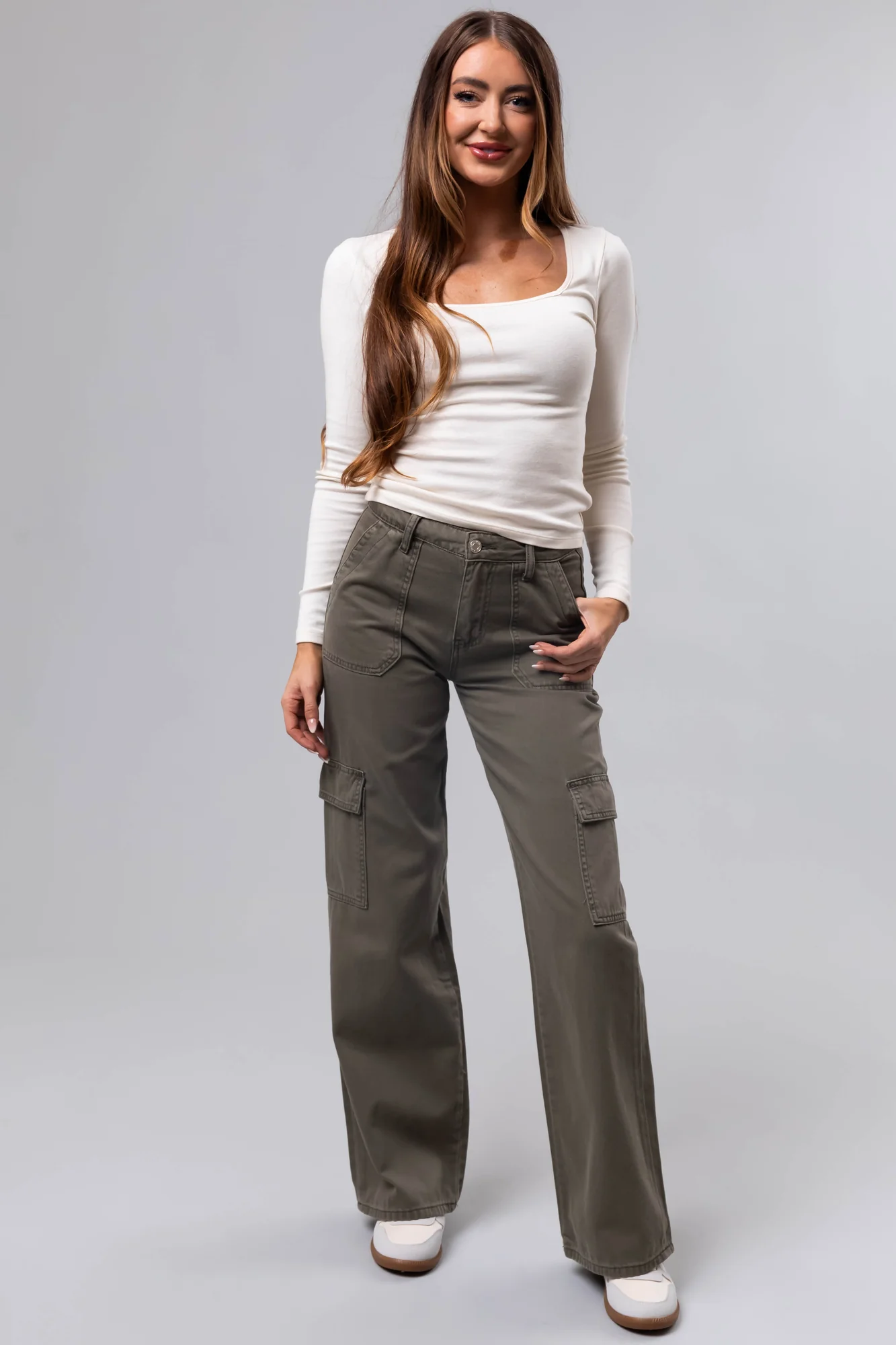 Green High Rise Cargo Wide Leg Jeans