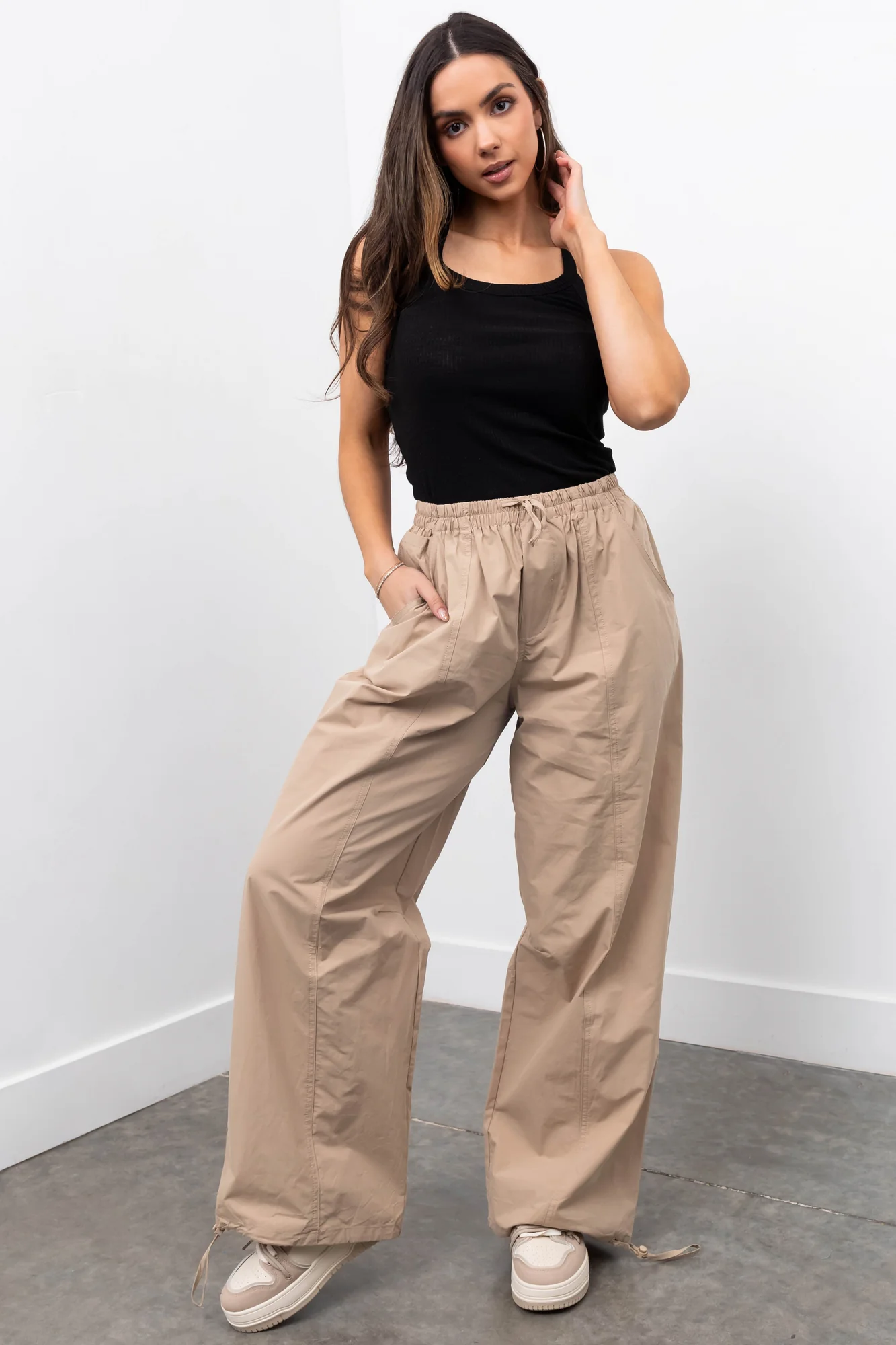 Taupe Drawstring Hem Windbreaker Wide Leg Pants