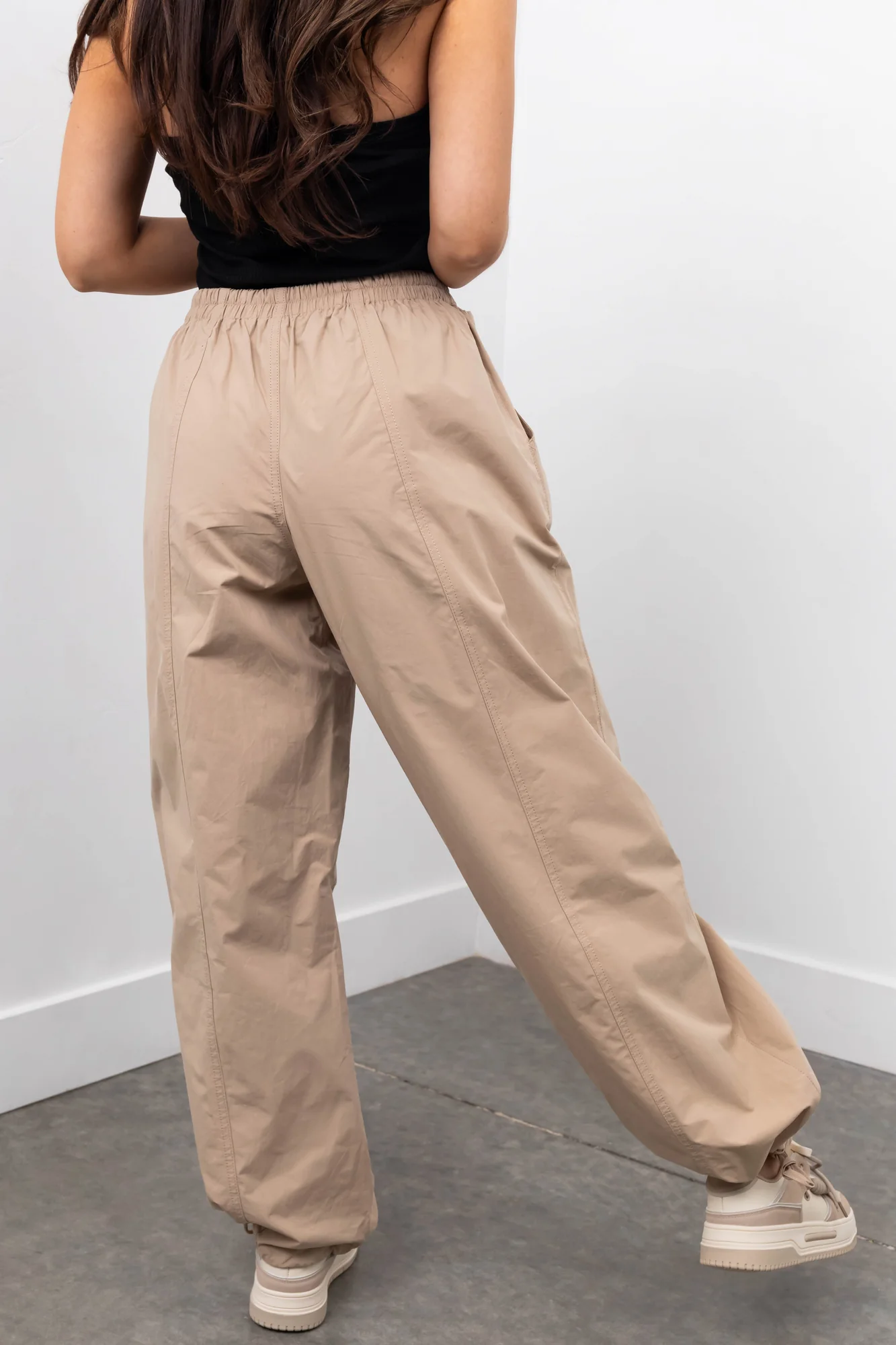 Taupe Drawstring Hem Windbreaker Wide Leg Pants