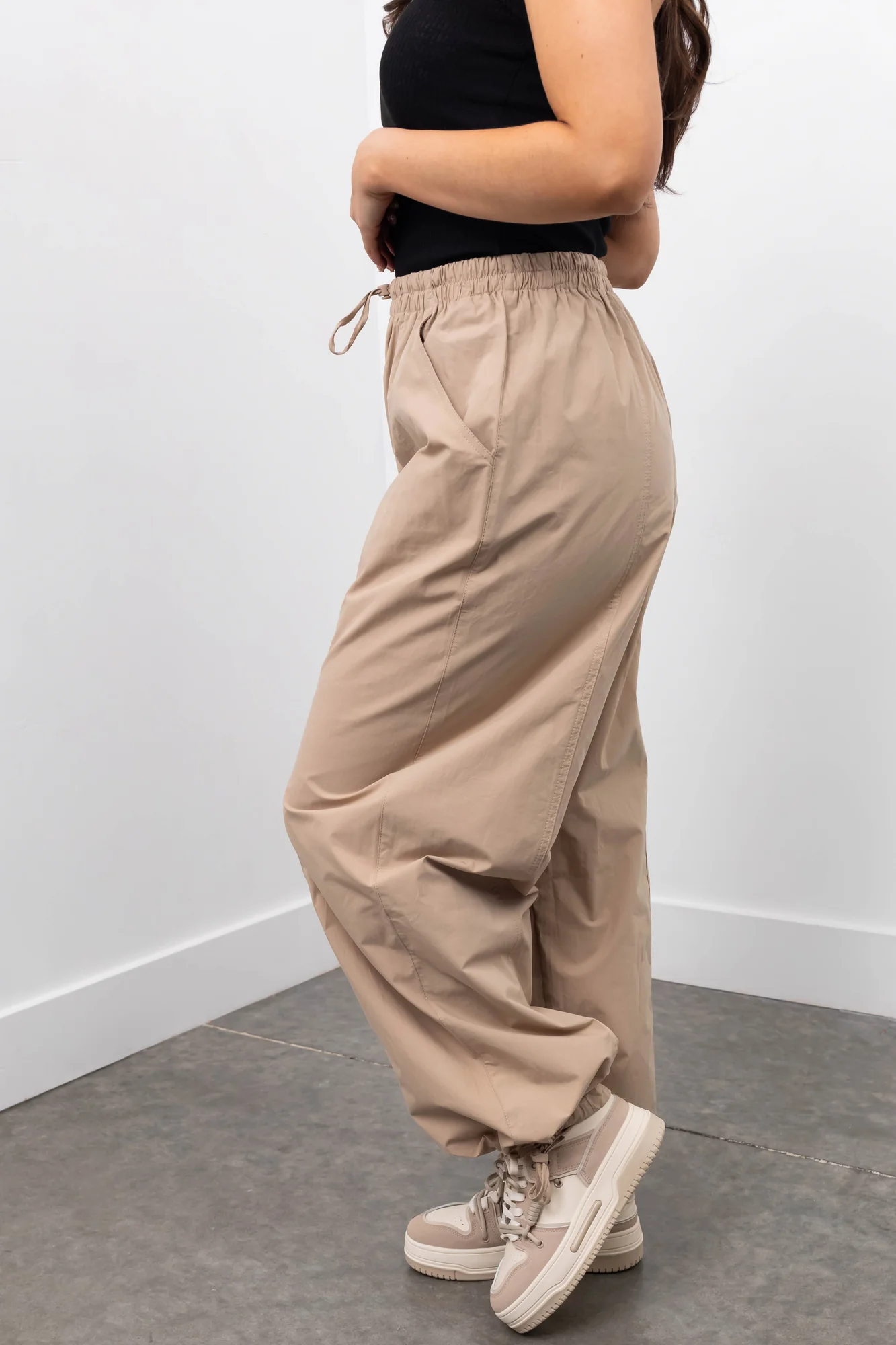 Taupe Drawstring Hem Windbreaker Wide Leg Pants