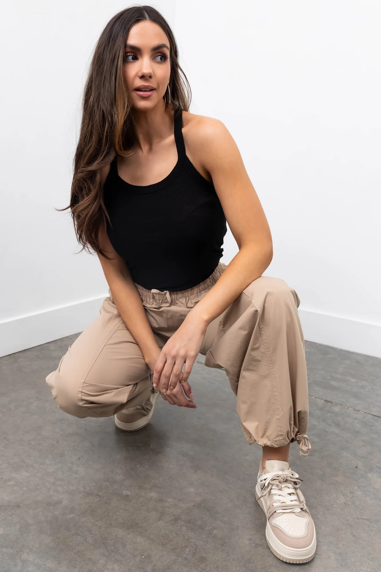 Taupe Drawstring Hem Windbreaker Wide Leg Pants