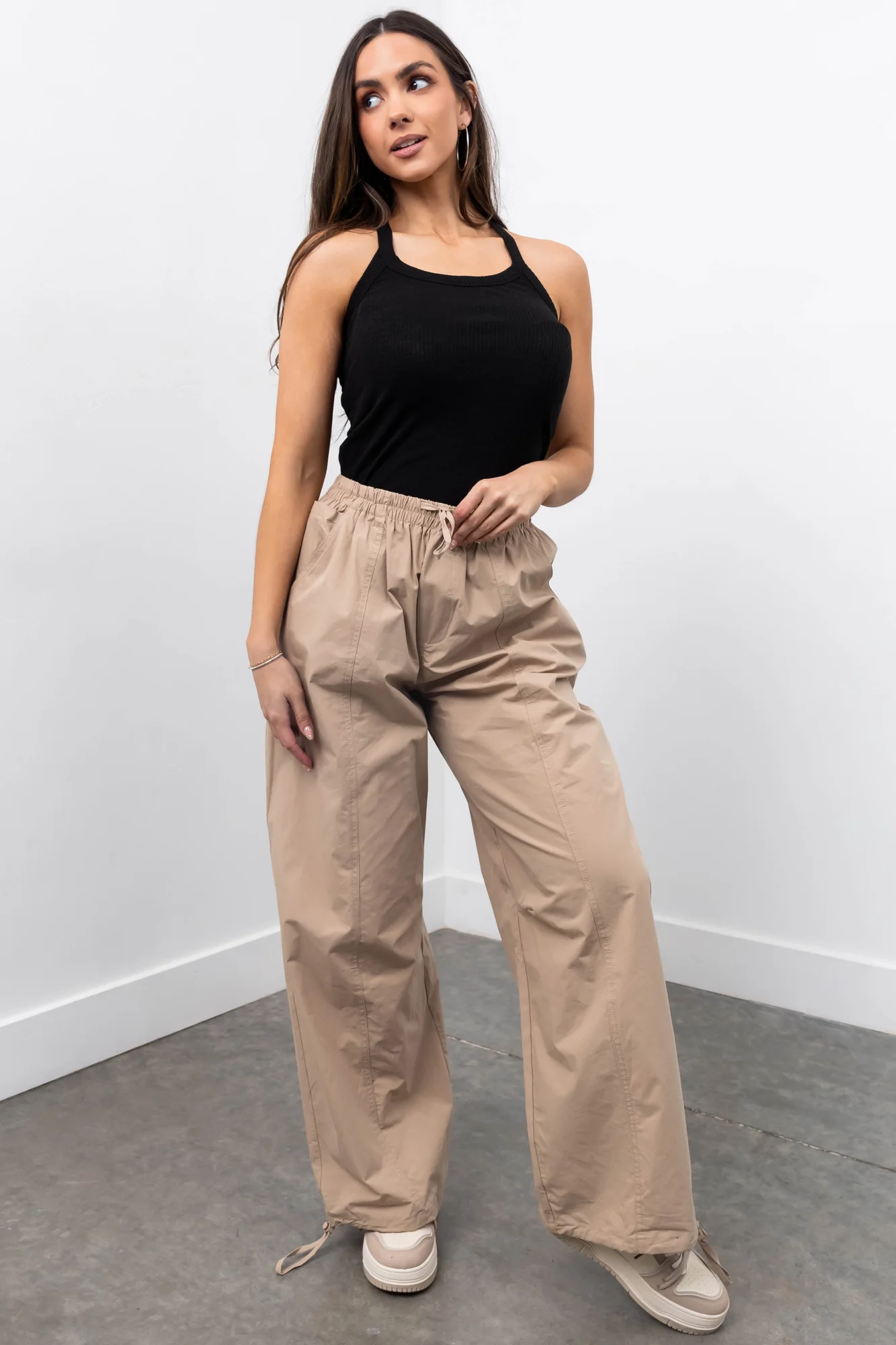 Taupe Drawstring Hem Windbreaker Wide Leg Pants