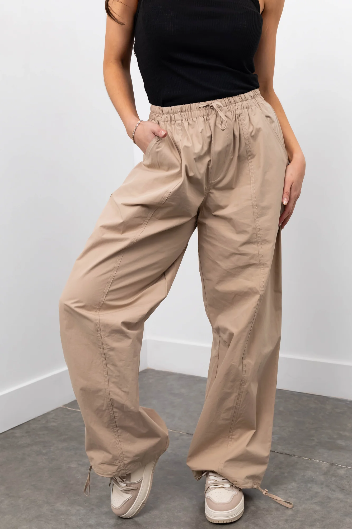 Taupe Drawstring Hem Windbreaker Wide Leg Pants