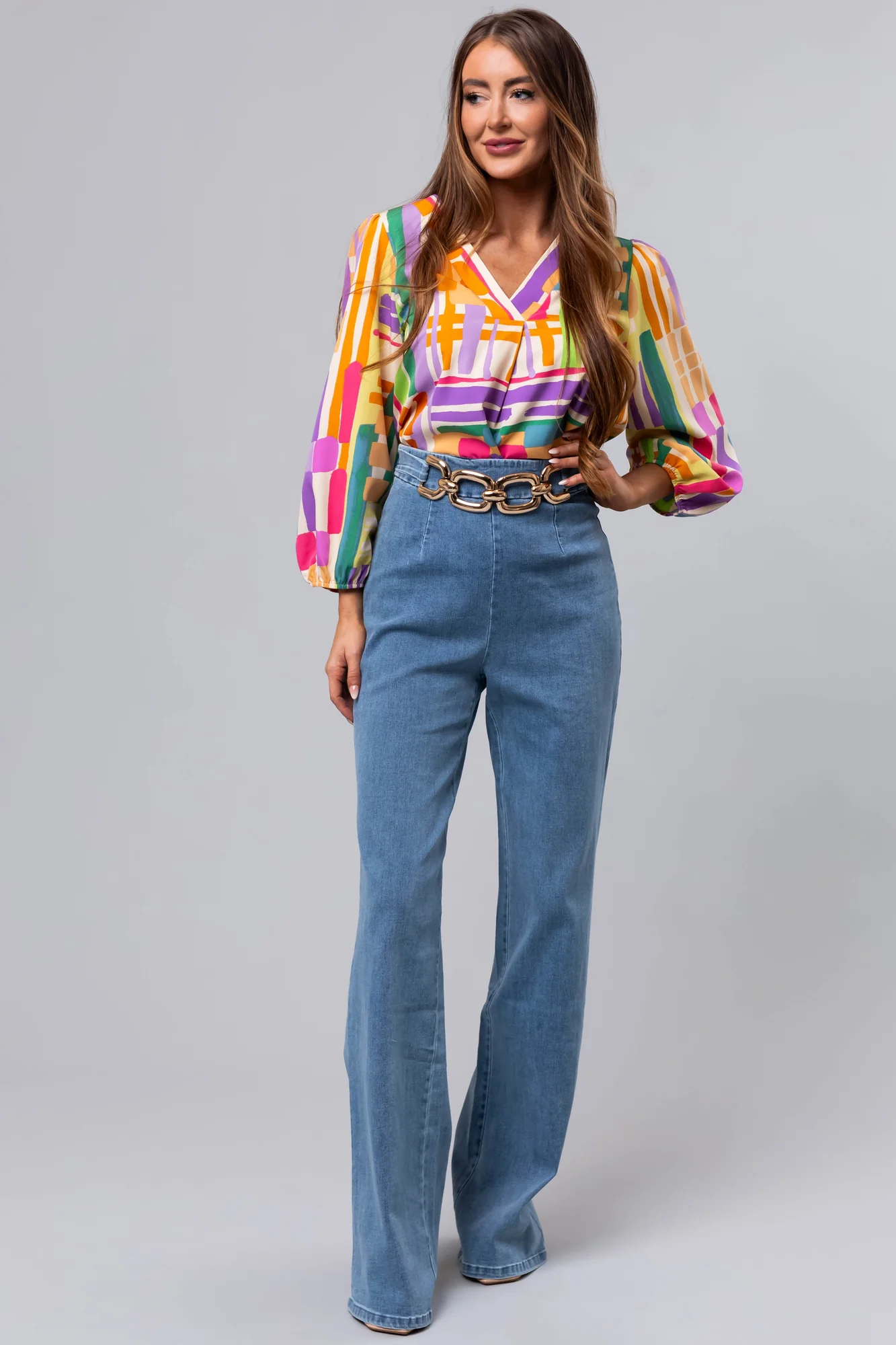 Light Wash High Waist Denim Pants with Gold Belt Detail
