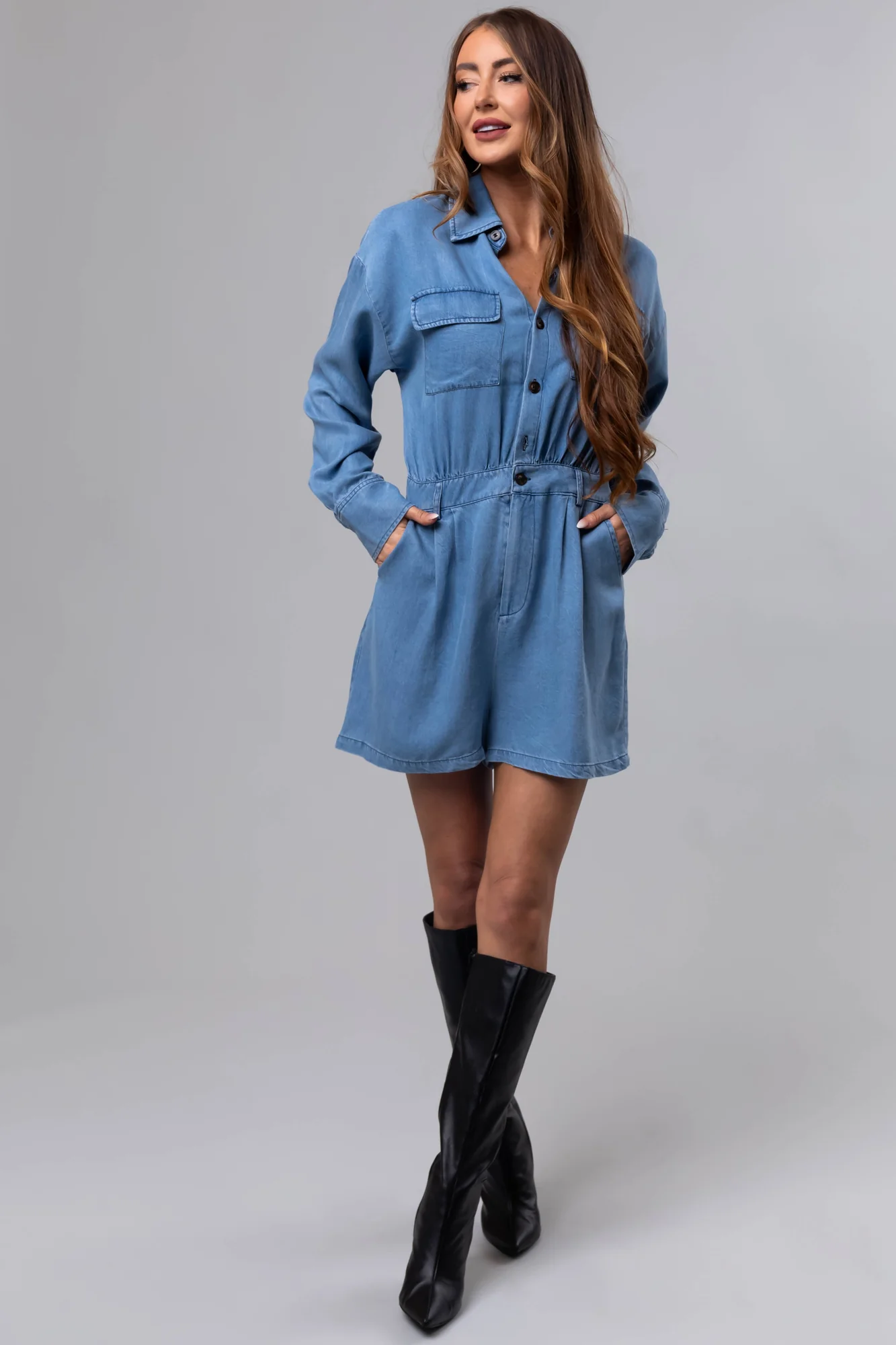 Denim Long Sleeve Button Up Romper for Women