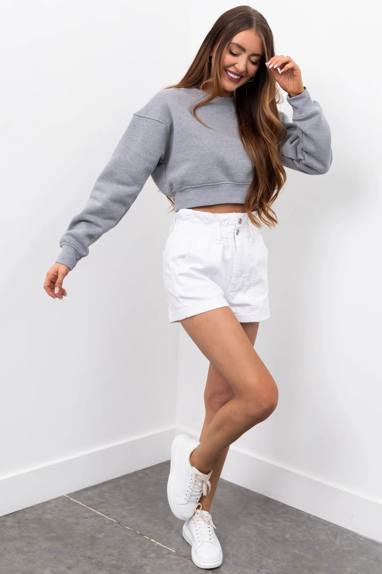 White High Rise Denim Shorts with Pleating Details
