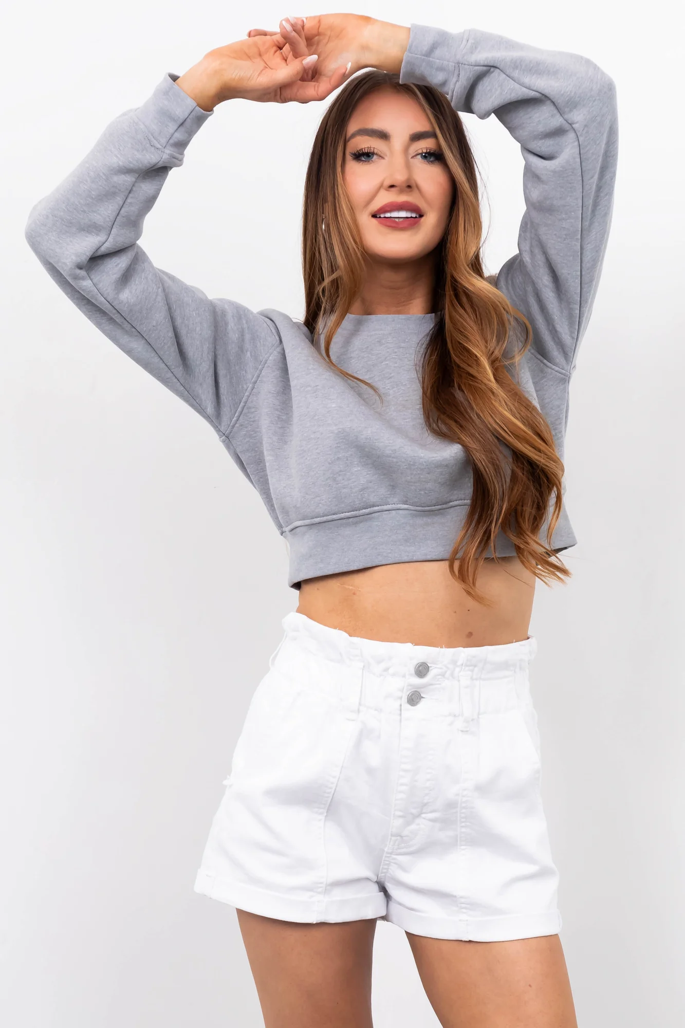 White High Rise Denim Shorts with Pleating Details