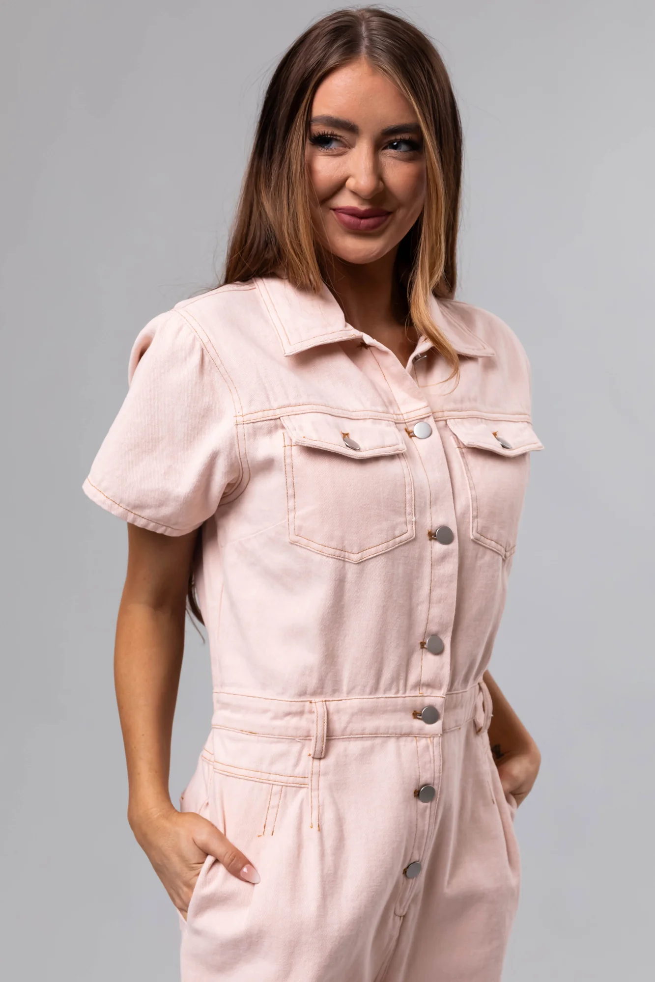 Pink Denim Belted Short Sleeve Jumpsuit